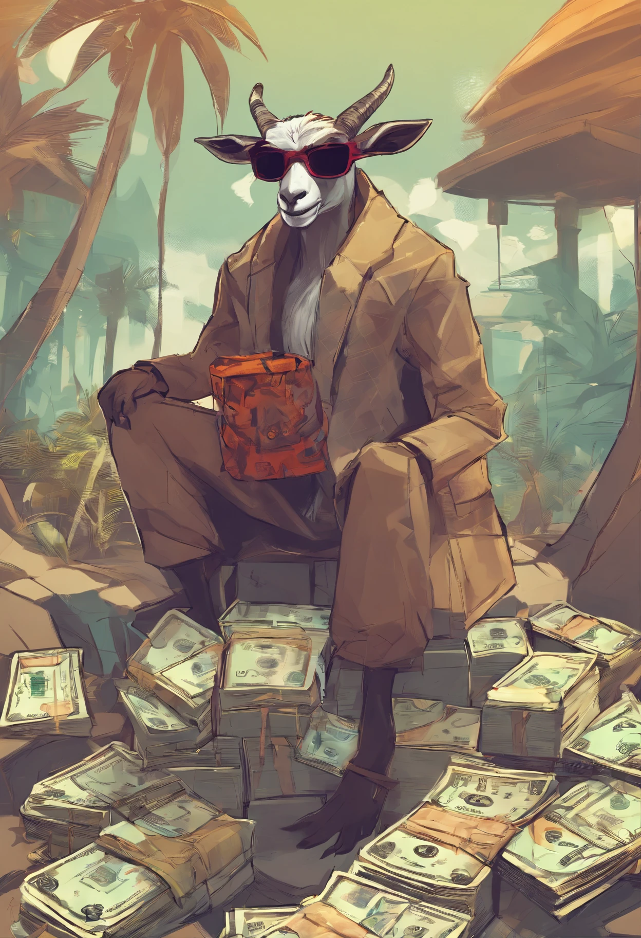 One African goat in nigerian atire wearing sunshades glasses holding a bag full of cash)), big grin, confidently jolly away, Hd, Comic art, Cartoon, Character concept, style, ((full body)) chilling in the mall, cartoon, cinematic lighting, funy, cute, side view, cute, 4k, vibrant colors, devinart, trend in artstation
