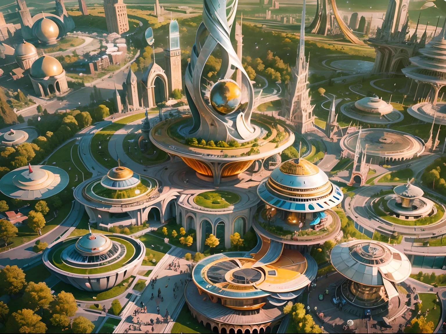 A futuristic cityscape known as Tomorrowland, Featuring an impressive fantastic design building，Silver abounds , Gold and bronze, and cyborgs strolling the streets.