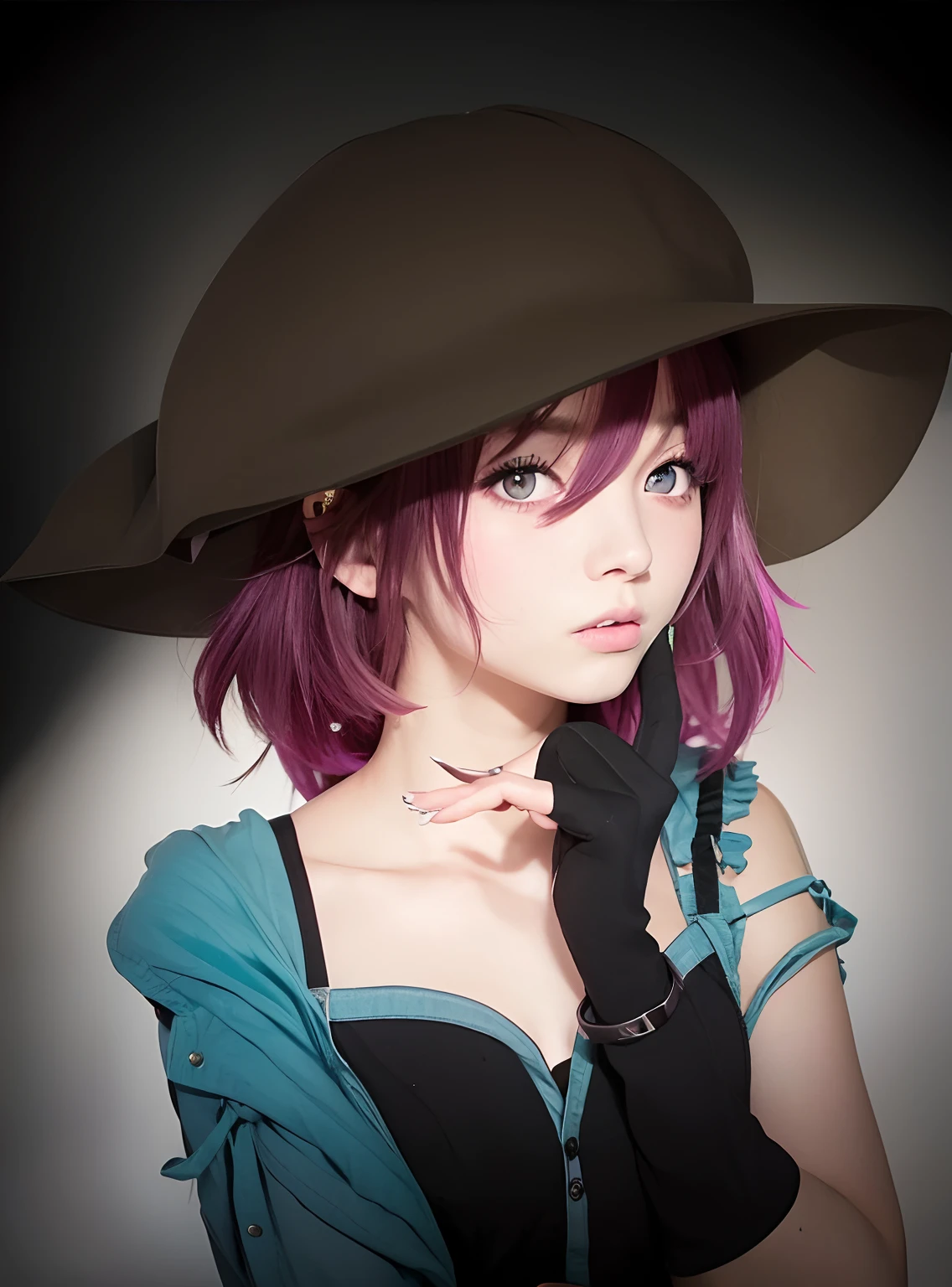 1girl, model, brown hat, pink eyes, black to pink hair