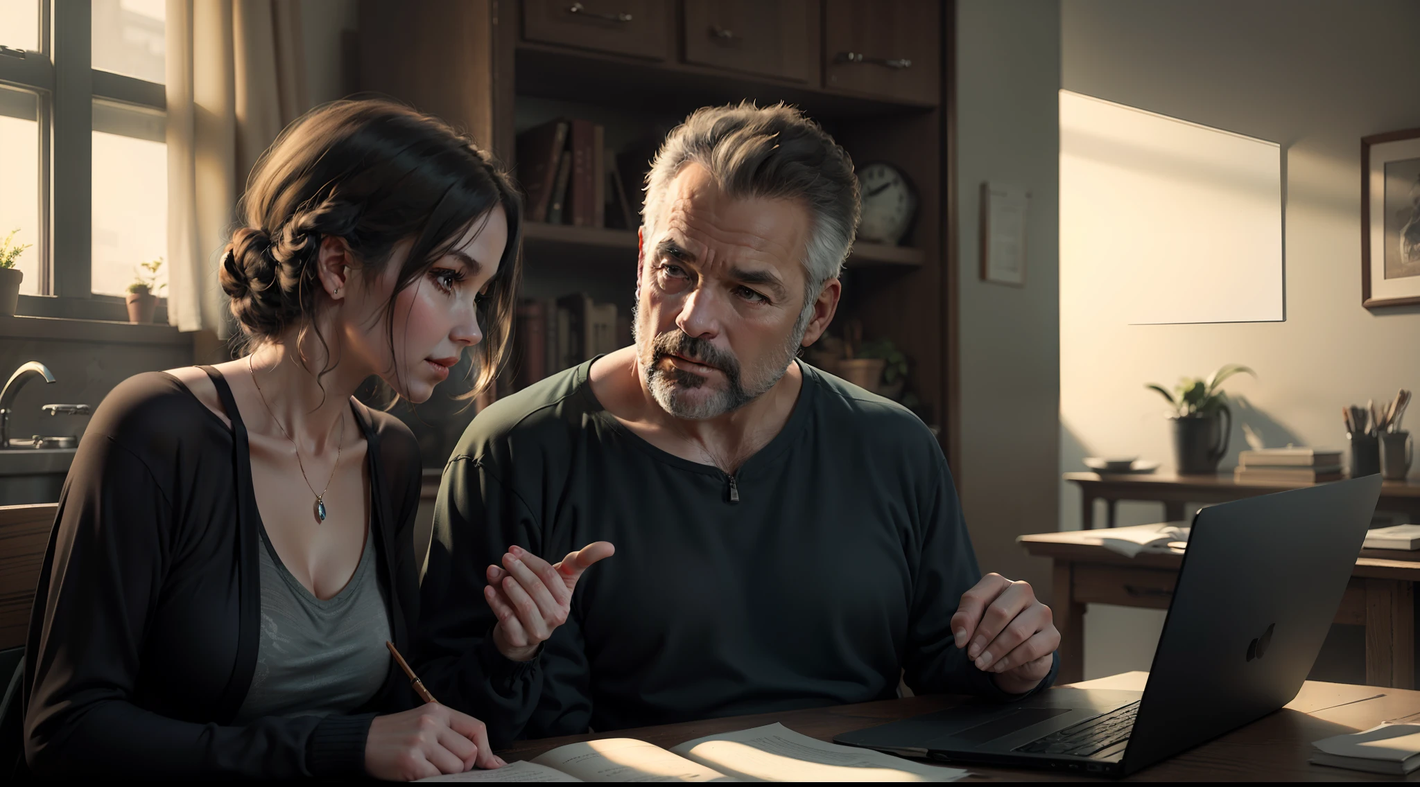 A middle-aged woman teaches a middle-aged man