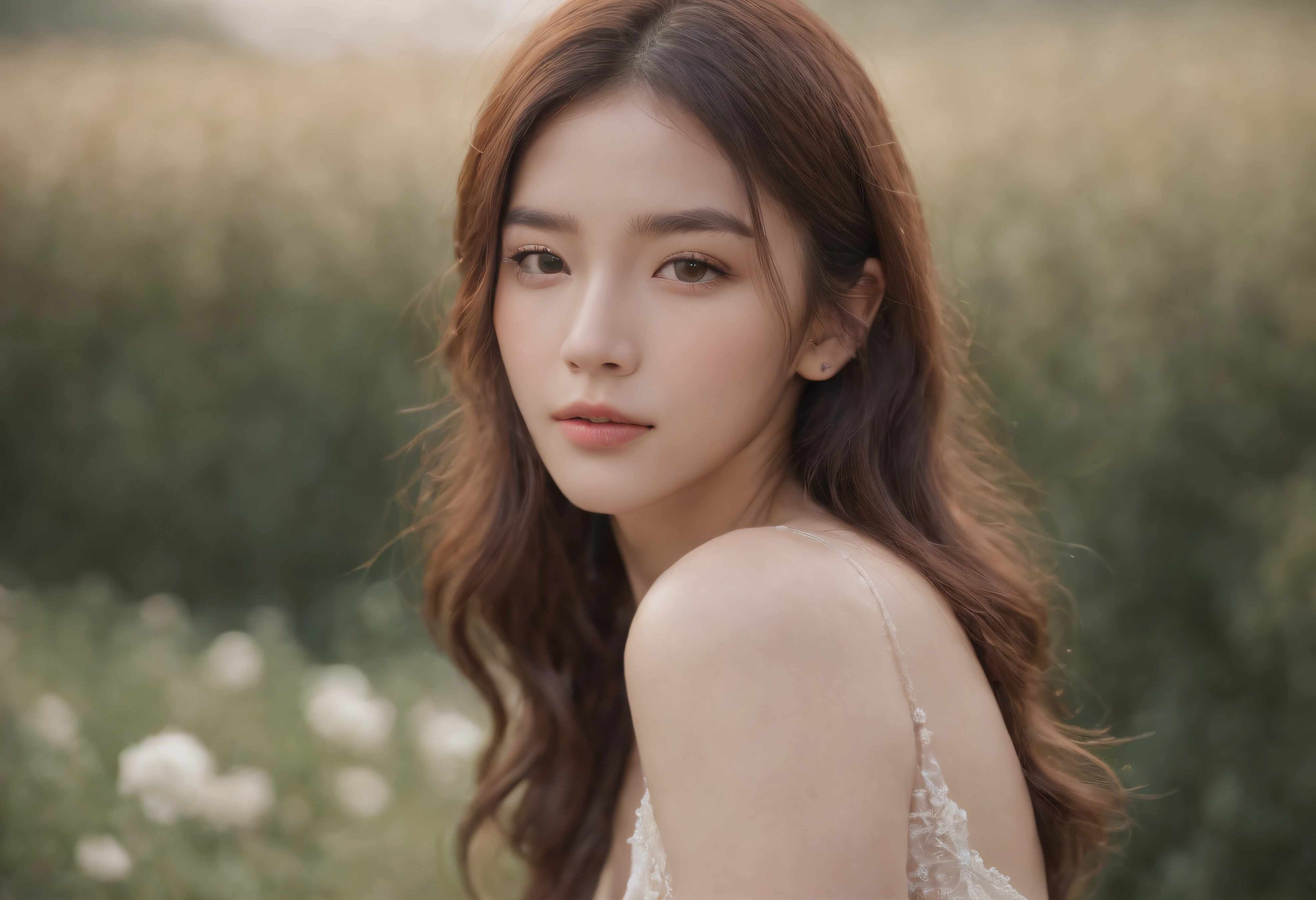 Film Portrait Photography, 1girl in, Female Japan 18 years old、Bare shoulders, Wavy shoulder-length hair, Serene, Calm, (Realistic detailed eyes, Natural Skin Texture, Realistic face details), Soft dramatic lighting, depth of fields, Bokeh, vibrant detail, Finely detailed, hyper realisitic, 35mm Film, Hazy blur, filmg,