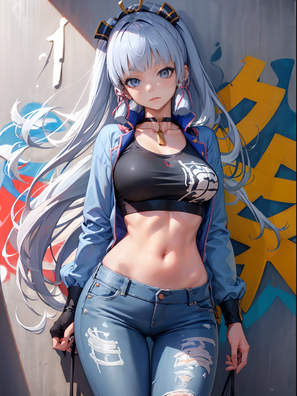 kamisato ayaka|genshin impact, master-piece, bestquality, 1girls,25 years old, proportional body, elongated legs, Beautiful, proportional., crop top, Long Jeans, mediuml breasts, ,bara, crop top, choker, (Graffiti:1.5), Splash with purple lightning pattern., arm behind back, against wall, View viewers from the front., Thigh strap, Head tilt, bored,(NSTDA.:1.2), (10, beste-Qualit, master-piece: 1.4), Beautiful red hair, ultra-high resolution, (lifelike, photorealistic portrait: 1.48), 20 age, Cute Girl, (Look through the crop top.), Famous Japanese actors, beautiful clear eyes, Head tilt, cowboy shot, from the front, looking at the audience, expressionless, Beautiful lake, Zeiss 150mm F/ 2.8 Hasselblad,  Whole body, foot, Ultra-Wide Angle,