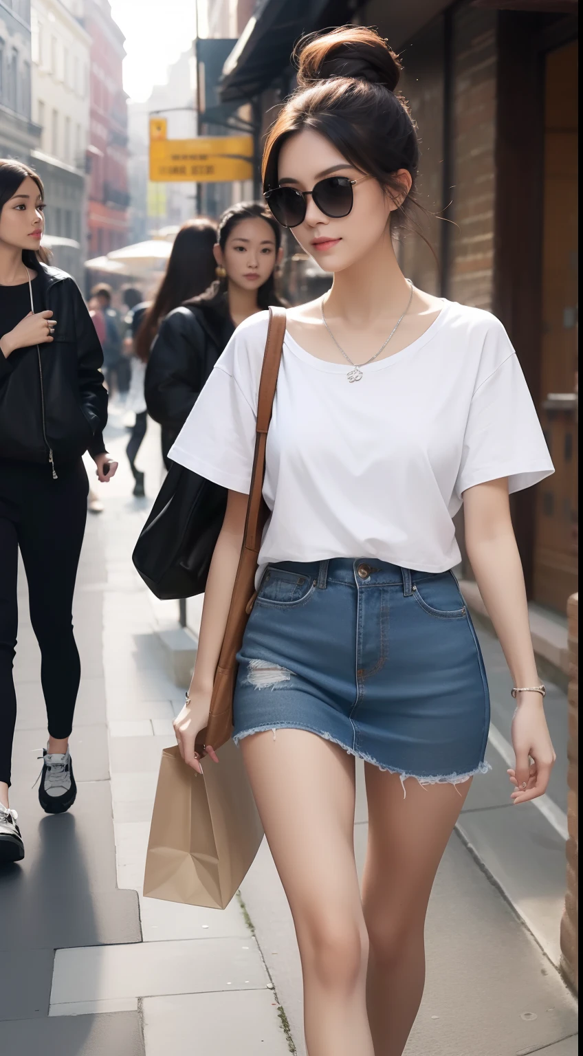 Highly detailed, High quality, Masterpiece, 1 woman, Walking down the street, Hands-on shopping bags, Happy expression, Brown hair, Tied into a messy bun, (Casual wear: 1.1), White T-shirt, Short skirt, High heels, Light makeup, (Silver necklace: 1.2), Sunglasses on the head, Holding flowers, People and storefronts in the background, Outdoors, Sunny day.