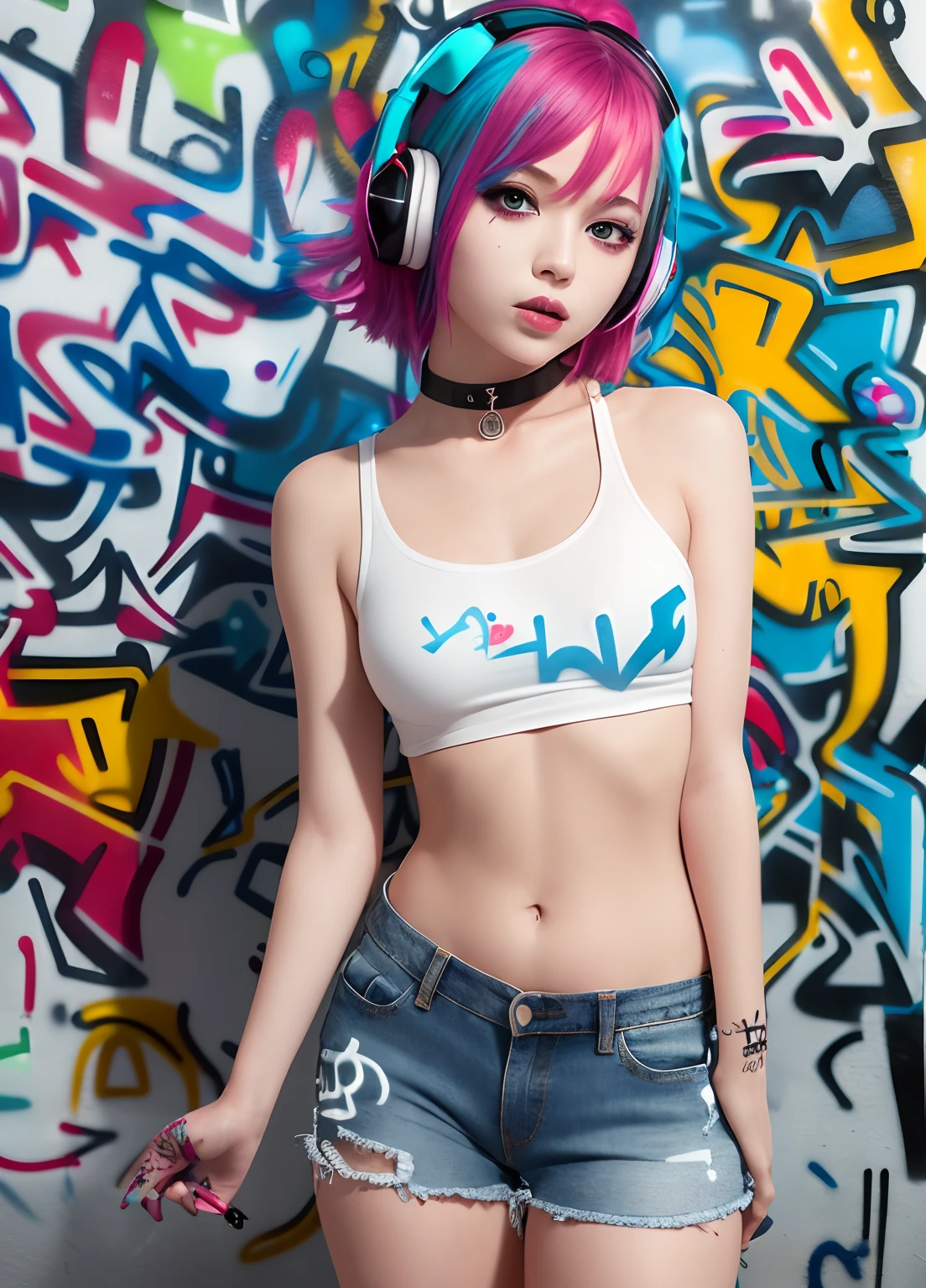 masterpiece, best quality, 1girl, solo, crop top, denim shorts, choker, (graffiti:1.5), paint splatter, arms behind back, against wall, looking at viewer, armband, thigh strap, paint on body, head tilt, bored, multicolored hair, aqua eyes, headset,