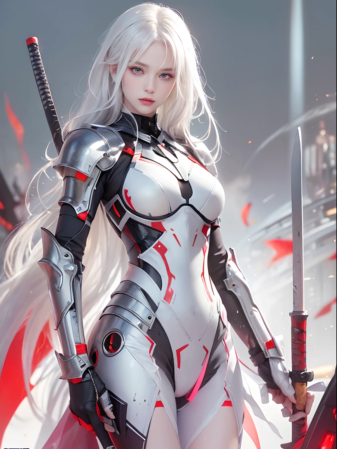 ((masterpiece:1.4, best quality:1.2)), 1girl, solo focus, tall female, delicate face, stern expression, extremely detailed anime face and eyes, beautiful white armor, hourglass figure, white hair, gradient hair, very long hair, red eyes, glowing eyes, cyberwear on face, holding plasma katana, striking, futuristic setting, white background, profile,