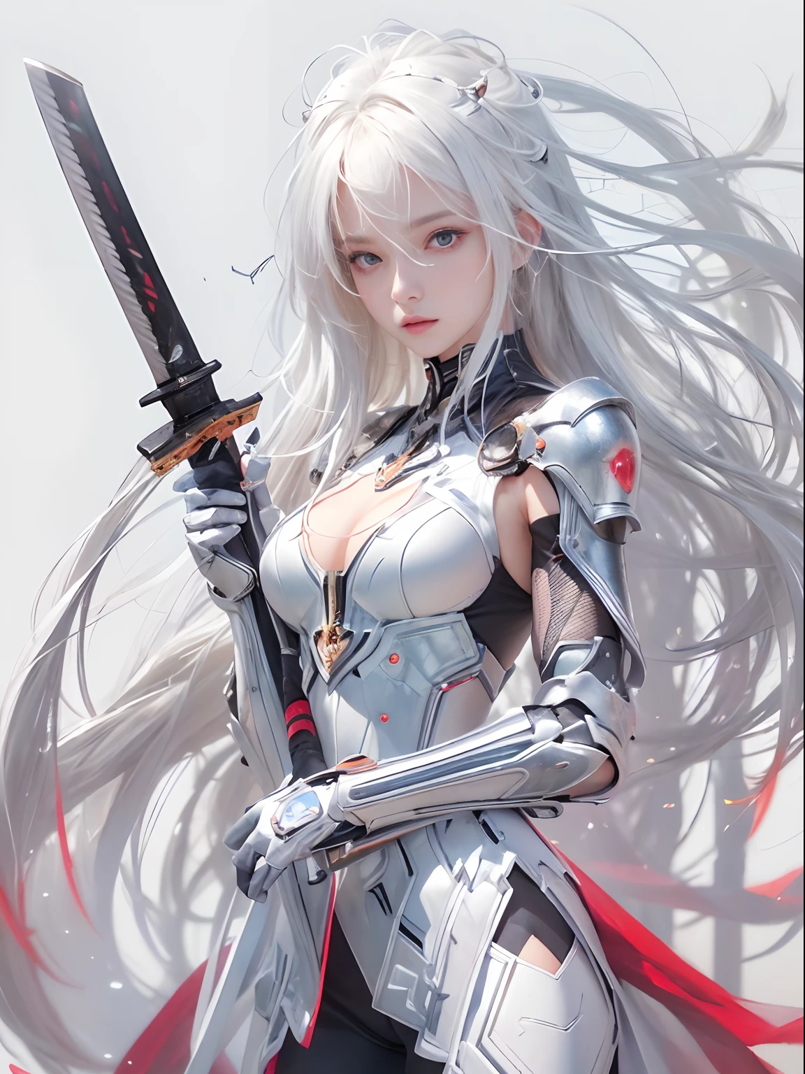 ((masterpiece:1.4, best quality:1.2)), 1girl, solo focus, tall female, delicate face, stern expression, extremely detailed anime face and eyes, beautiful white armor, hourglass figure, white hair, gradient hair, very long hair, red eyes, glowing eyes, cyberwear on face, holding plasma katana, striking, futuristic setting, white background, profile,