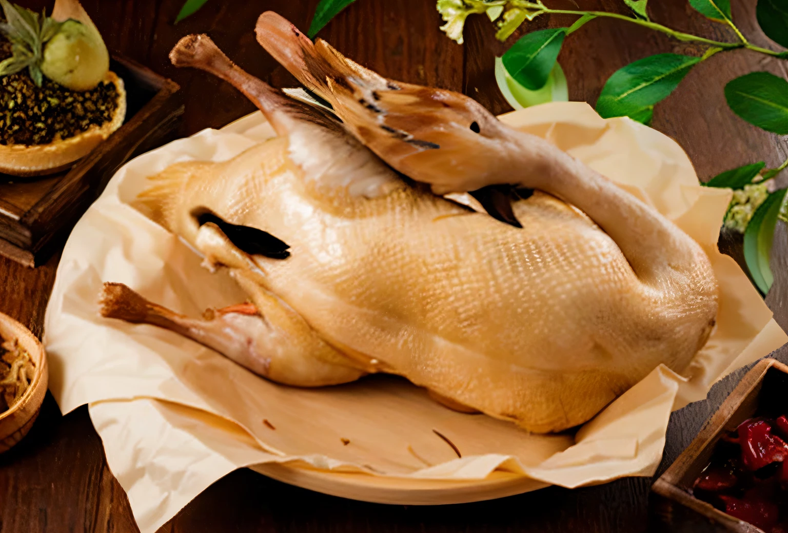 Alla fly cooked chicken and a bowl of herbs on a plate, Duck, Goose, daoshu, Ready to eat, whole, detailed duck, Chicken, sasai ukon masanao, Asao Urata, ( Ultra photo realsisim, 2 0 s, shogakukan, Ready, ( Ultra photo realsisim ), composite, ducks, subject= Duck