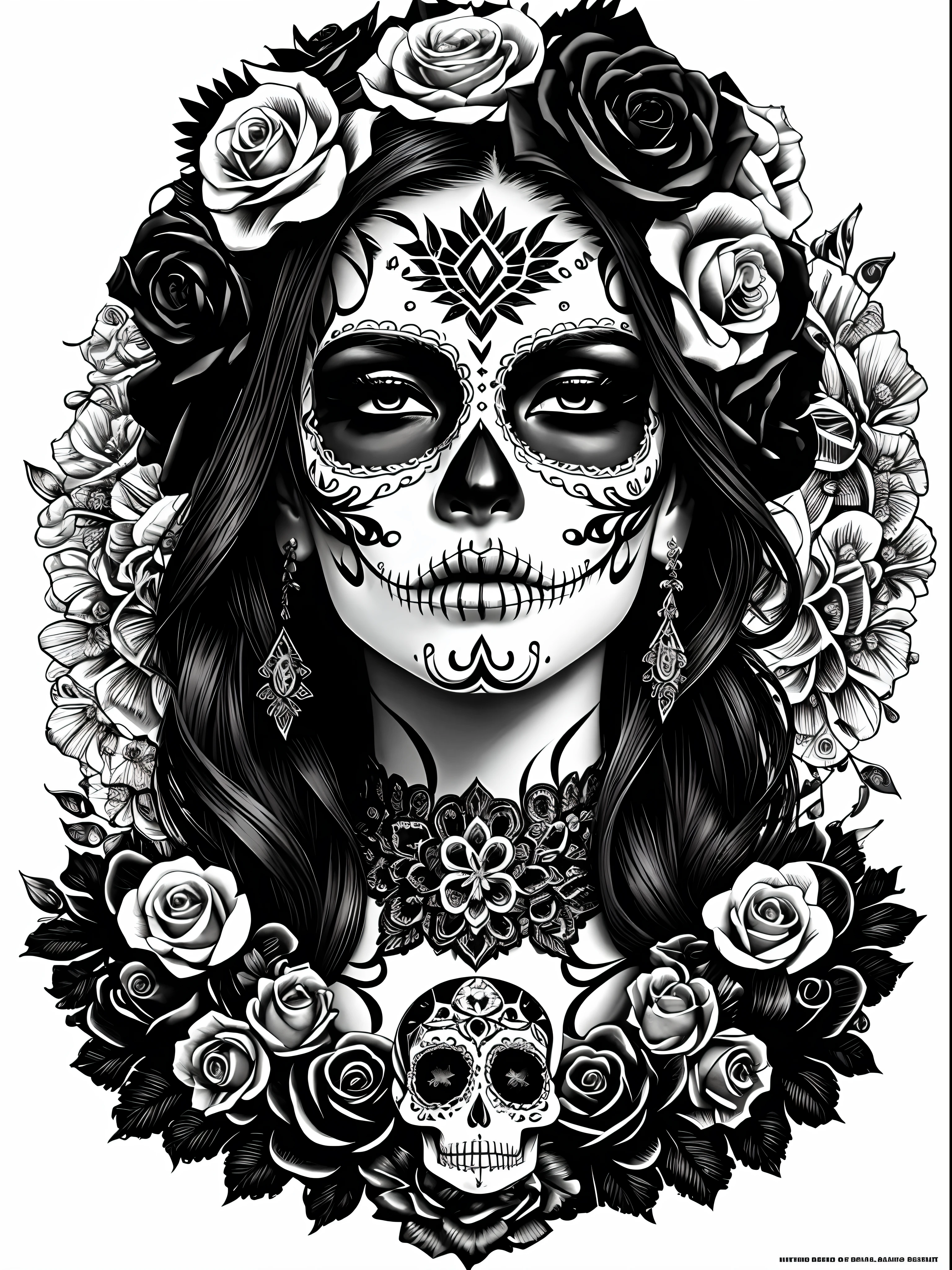 A visually stunning Day of the Dead Sugar Skull Latina. Masterpiece, beautiful artwork, ultra detailed, best quality, intricately detailed, super-fine details, clean line art, photorealistic, monochrome, by artgerm, mcbess, Yoji Shinkawa