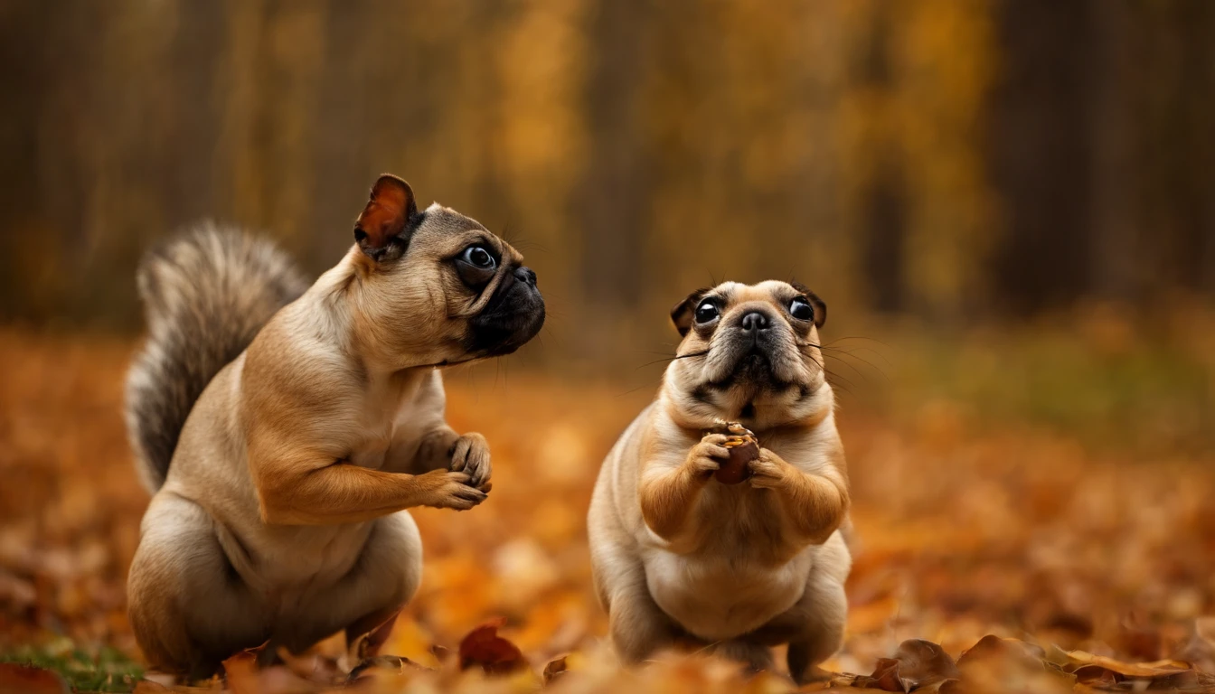 squirrel pug hybrid, holding a nut, macro, autum , squirrel ears