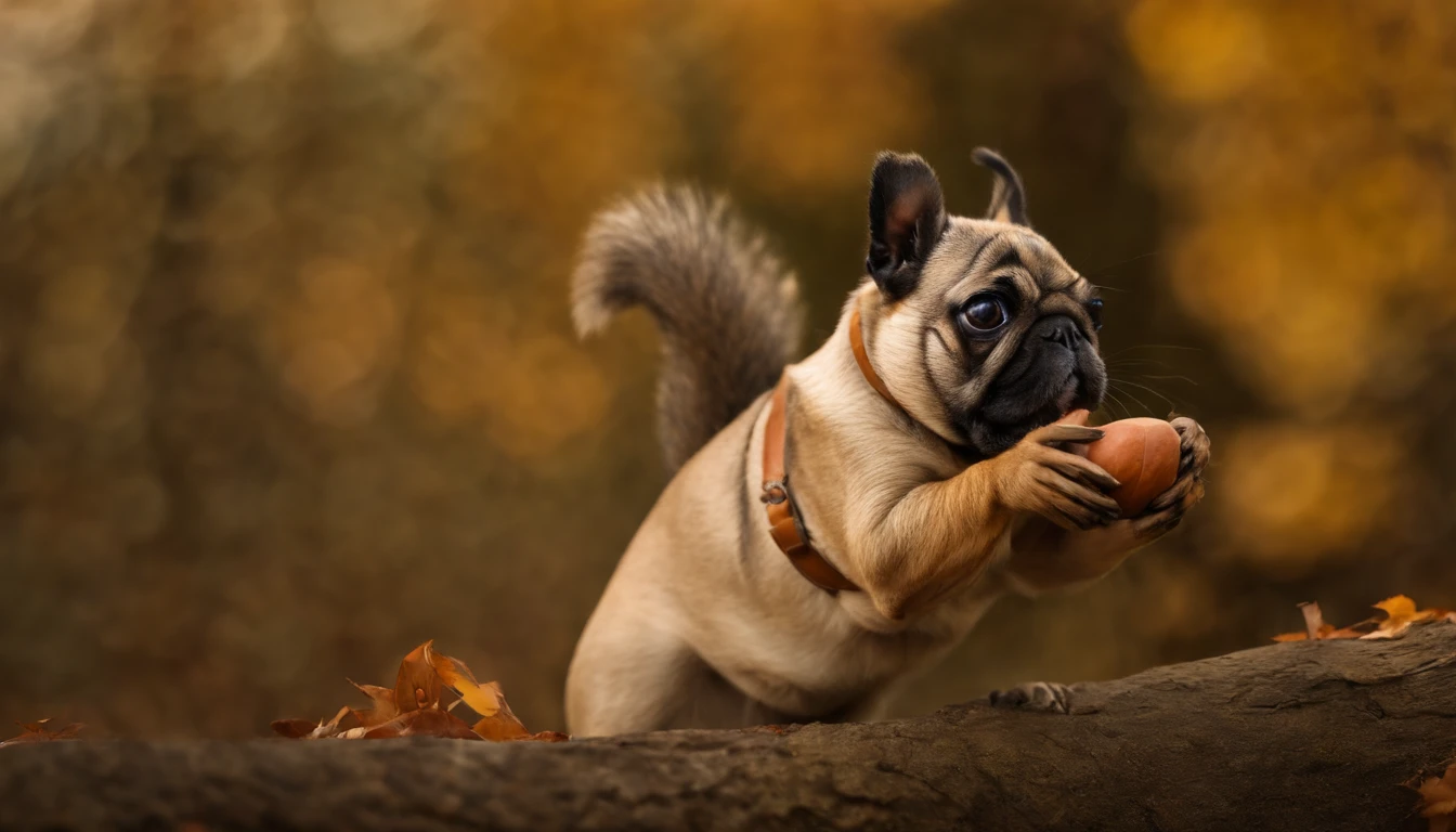 squirrel pug hybrid, holding a nut, macro, autum , squirrel ears