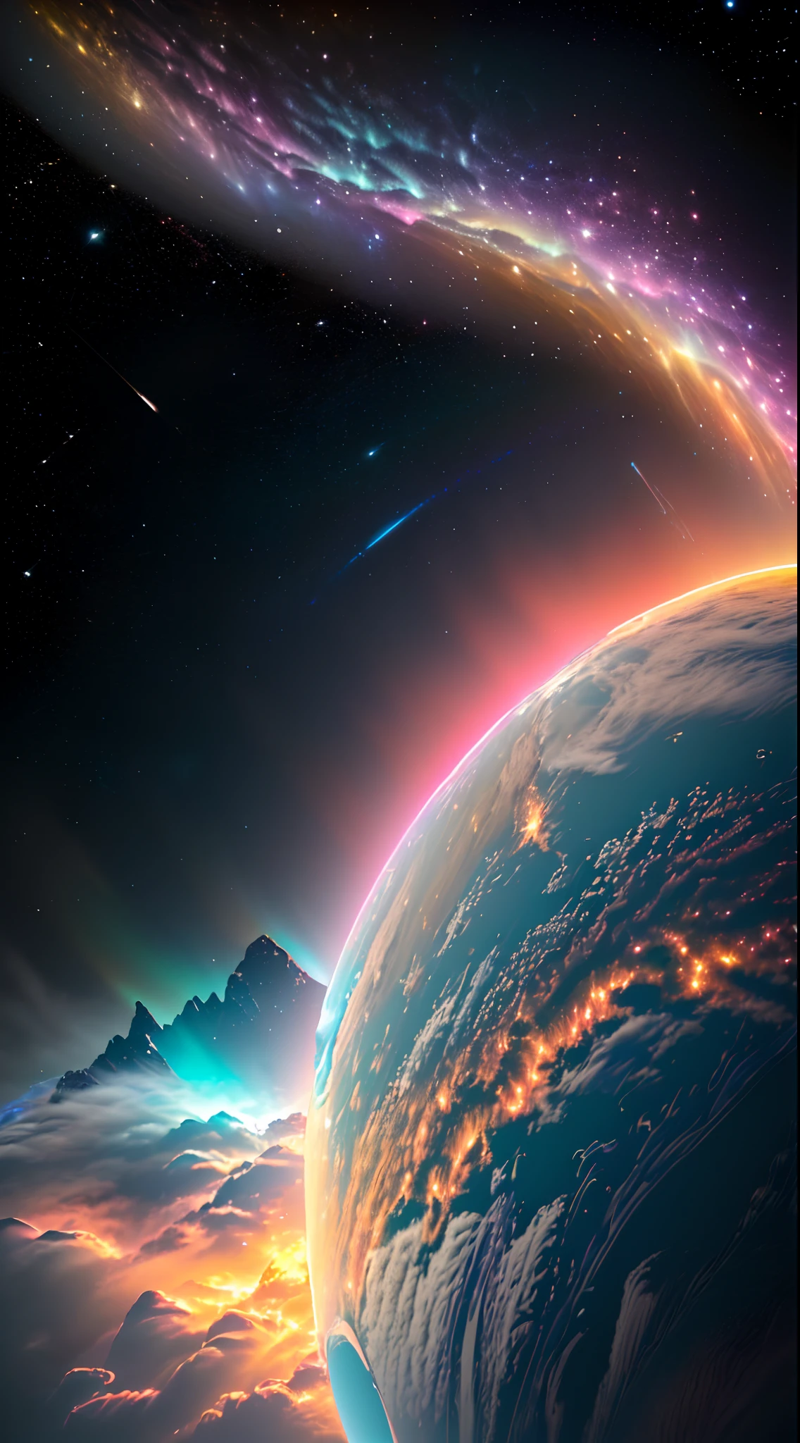 dublex ((((8k)))) HD photo extremely detailed render (((iridescent))) planet, yellow-pink electric snow landscape, some biological features on the planet’s surface are so massive they can been seen from space, cities can be seen from space ((lights)) ((swirling clouds))High Detail, Sharp focus, dramatic, Bewildering
