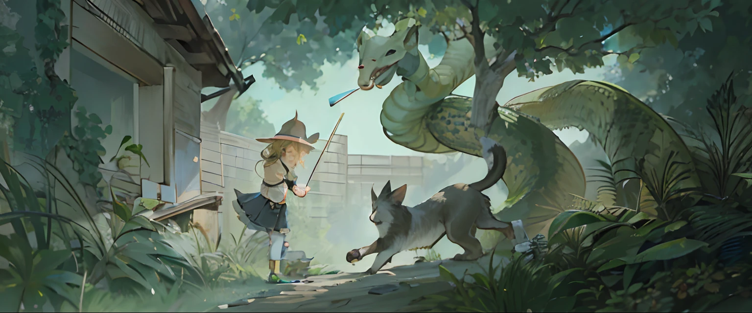 There was a girl and dog in the forest,A giant python is wrapped around the tree,concept art for a video game