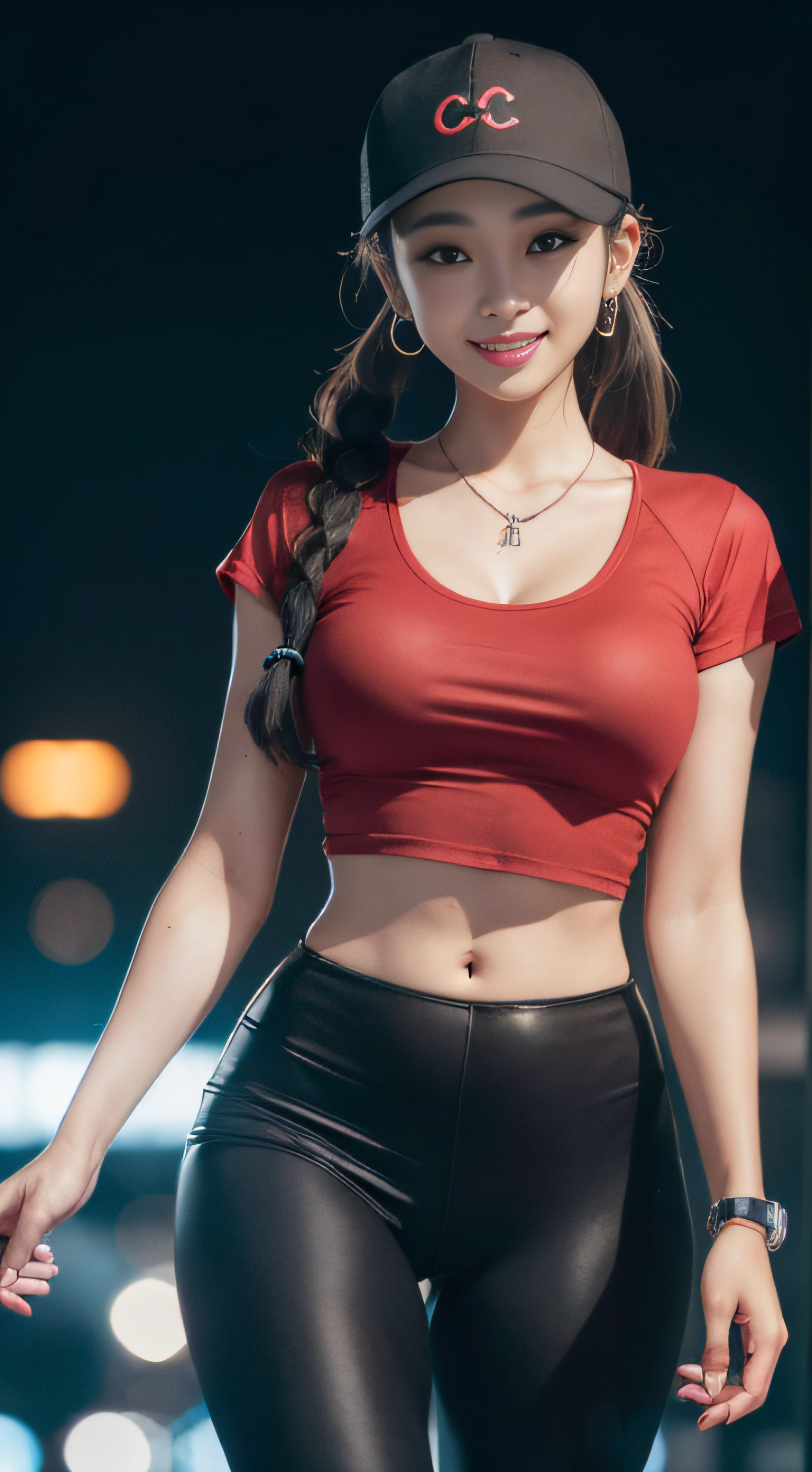 (top quality),8k,(masterpiece:1.3),(1 girl:1.3),(medium breasts:1.3),actual,high resolution,Highly detailed facial and skin textures,actual faces,original photo,((beautiful face:1.5)),(beautiful woman:1.4),perfect body proportions,whiten skin,有Light泽的皮肤,((Super detailed face)),attention to detail,double eyelids,eye shadow enhancement,Eye for details,professional lighting,影院灯Light,sharp focus,((sporty style)),((Light, Brightly colored clothes)),Brightly colored T-shirts,short skirt,((Lively,positive,Lively)),(()),((Showing thighs)),(disciple:1.3),on the street