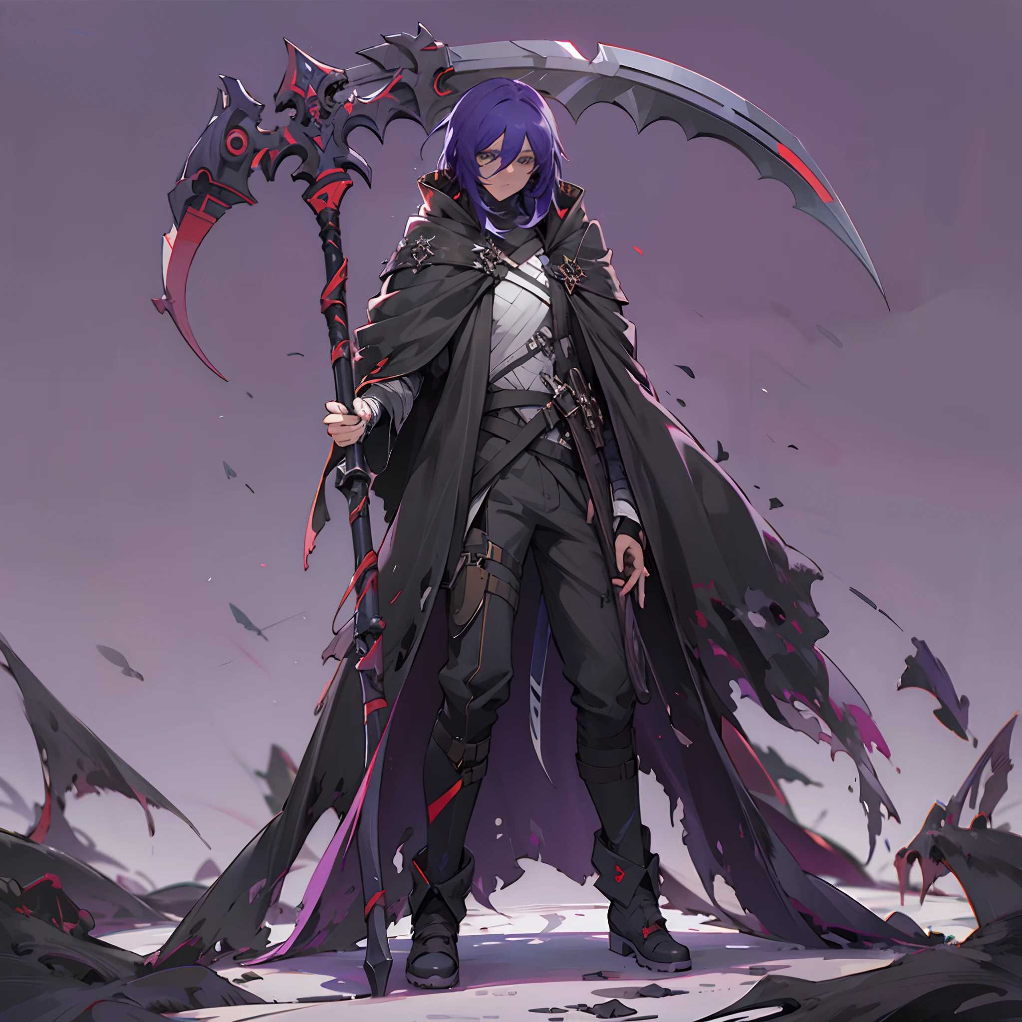 Anime artstyle, holding a scythe, wearing a stylish dark cloak, wrapped in bandages,full body,white background, wallpaper, HD quality, extremely detailed, highest quality digital art