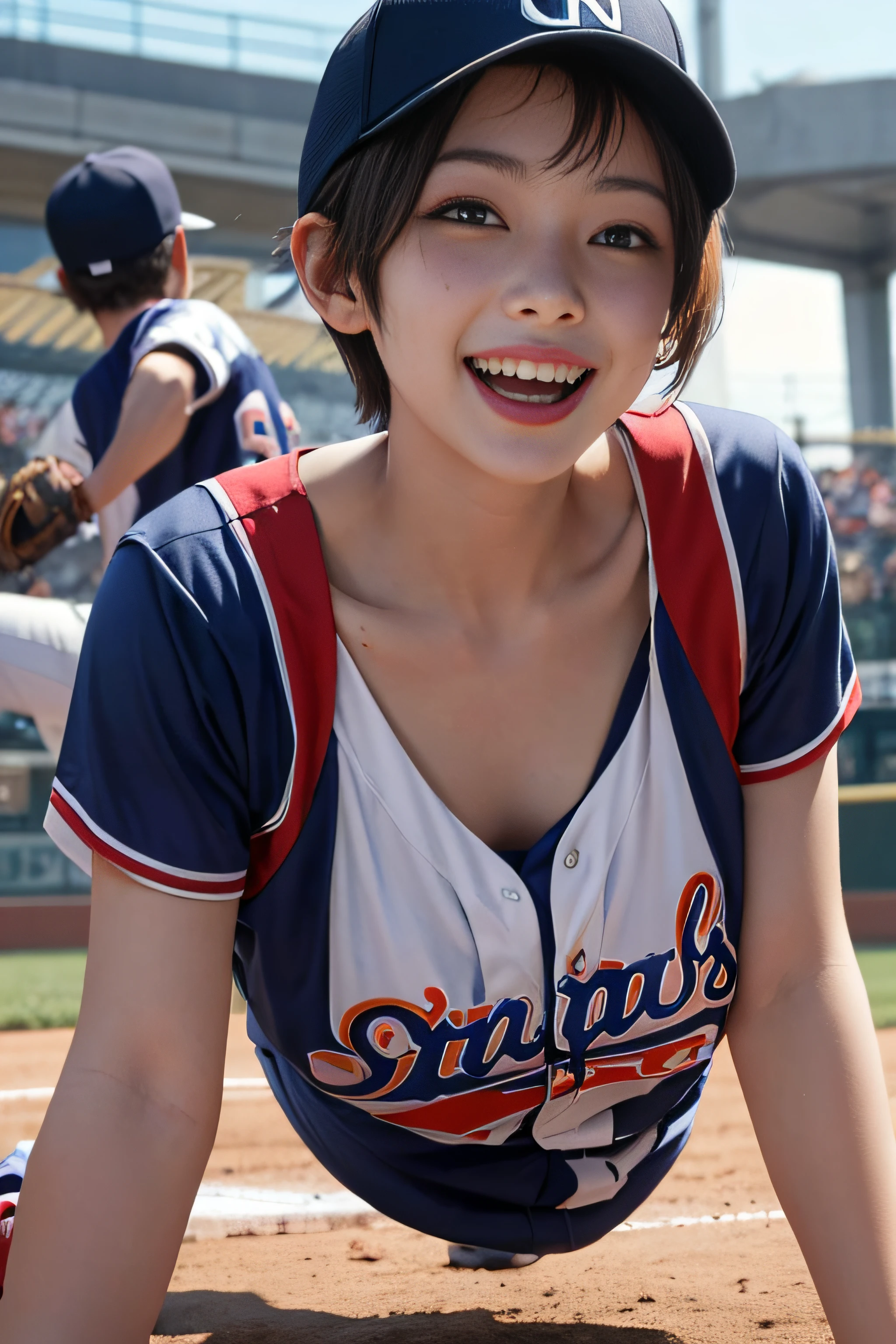 Pubic hair grows、Smile full of happiness、((()))、、、Panting face、Lacking、After being attacked、Sweating、Expression in a state of excitement、short-hair、eye glass、all-fours、Looks Back、View from diagonally behind、Baseball Costumes、(((The lower part of the body is bare)))、New York Baseball Caps