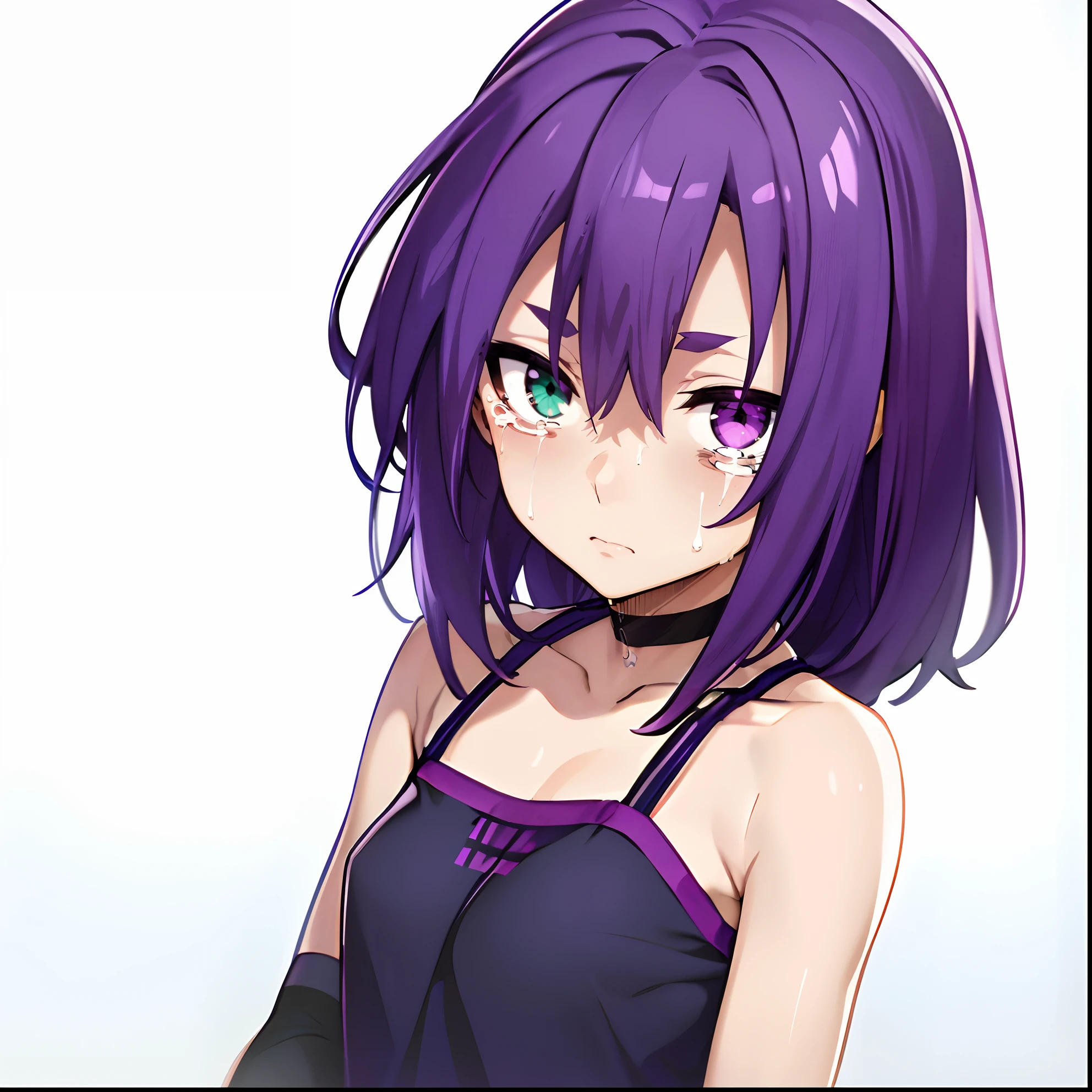 best qualtiy,tmasterpiece, High quality, solo, purple hair, length hair, hairpin, heterochromia, green eyes, purple eyes, reo mikage, bluelock, Bare shoulders, no sleeves, camisole, chinese clothes, choker, arm warmers, bandages, scar, tears, crying face, big breasts, red blush