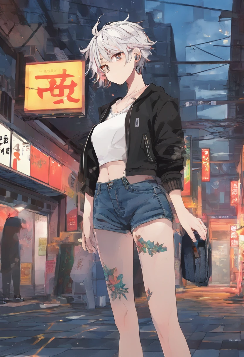 Anime illustration of a young supermodel with a toned physique, In a spicy punk crop top, Low Rise Pants, Messy Short Hair, Demonstration of various intricate tattoos, confidently standing in the middle of an abandoned street in Chiba. . Anime style, Key Visual, Vibrants, Studio anime, Highly detailed