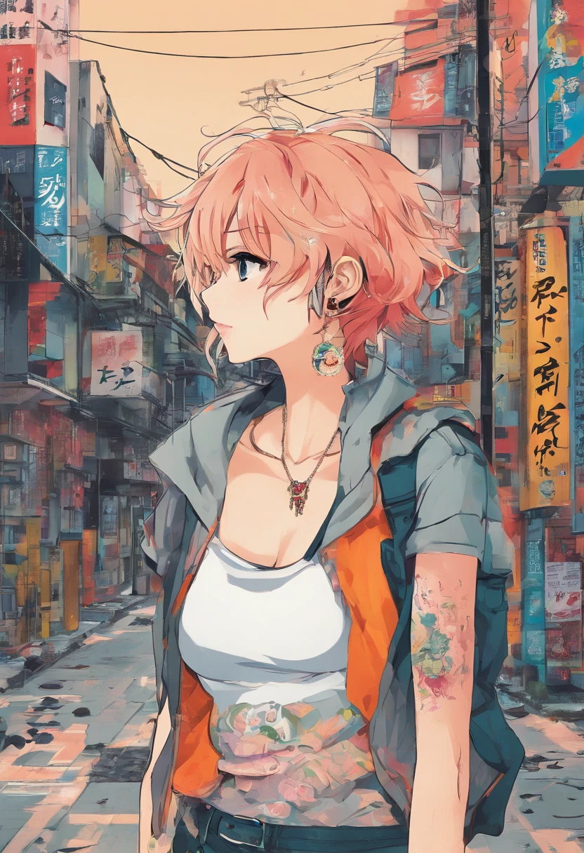 Anime illustration of a young supermodel with a toned physique, In a spicy punk crop top, Low Rise Pants, Messy Short Hair, Demonstration of various intricate tattoos, confidently standing in the middle of an abandoned street in Chiba. . Anime style, Key Visual, Vibrants, Studio anime, Highly detailed