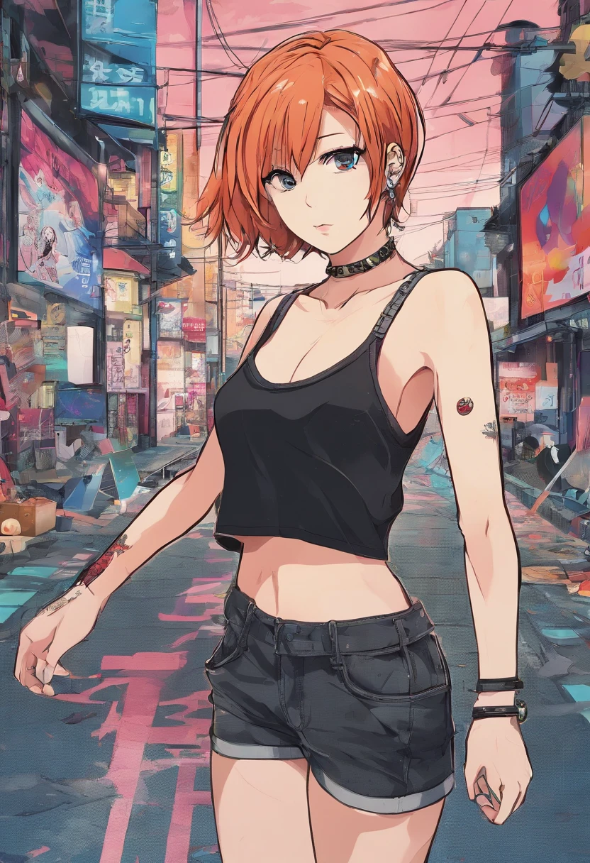 Anime illustration of a young supermodel with a toned physique, In a spicy punk crop top, Low Rise Pants, Messy Short Hair, Demonstration of various intricate tattoos, confidently standing in the middle of an abandoned street in Chiba. . Anime style, Key Visual, Vibrants, Studio anime, Highly detailed