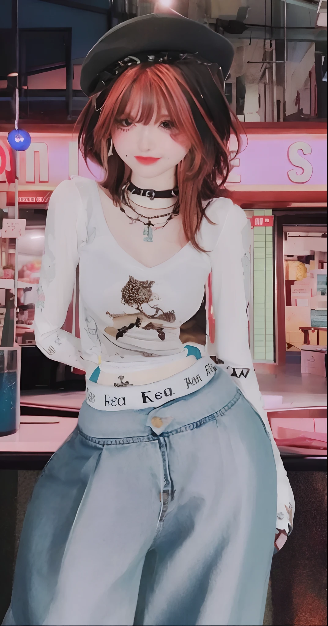 (realista, alta resolução: 1.3), 1  com figura perfeita, rosto e olhos super finos, cabelo longo, regata: 1.2 in random colors, jeans curto, in a coffee shop, coffe in desk, seios grandes, The exposed neckline is the same as the attached image , melhor detalhes, melhor qualidade existente,8k,4k, realista, young human appearance, textura da pele humana