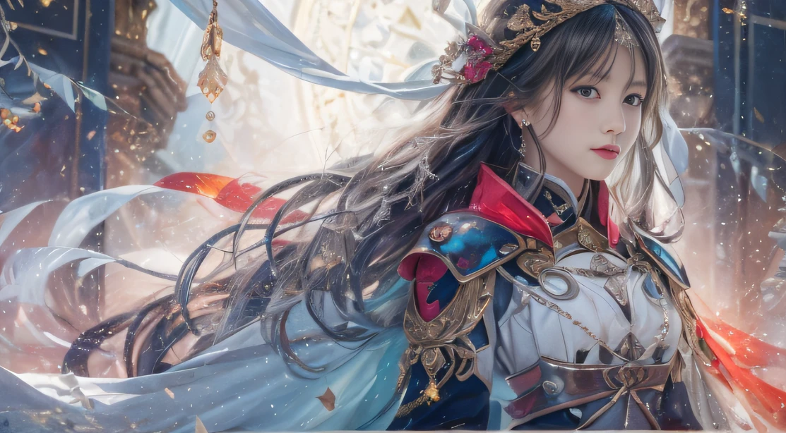 Water Goddess 32K，复杂，ellegance，highly  detailed，A majestic，Digital photography，Autumn cowboy shot，surrealism painting，Broken rubies，Beating magic，Entwined water magic，（tmasterpiece，Cinematic light，Fine beautiful eyes：1.2），hdr，Void 5 Energy Storm，(China 1 girl，Black eyes:1.5），paleskin，Glowing skin，(sitting on the stone：1.5），delicated face，Black color hair，Wearing palatial red armor，cropped shoulders，nabel，short  skirt，Beautiful light blue armor，Rained，big breasts beautiful，looking at viewert，Face away from the camera，tmasterpiece，Side upper body,Side portrait close-up