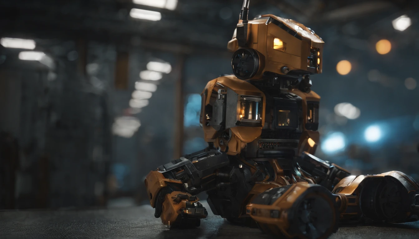 Chappie style sitter ,a babyd Robot,(masterpiece,extreme detailed,top quality) , Ruin ,very cute robot, (Movie lighting),(light and shadow effect),(unreal-engine),(Tyndall),(cinema4d),(Super futuristic fantasy style),(8k wallpaper),(tmasterpiece),(Photography Award),