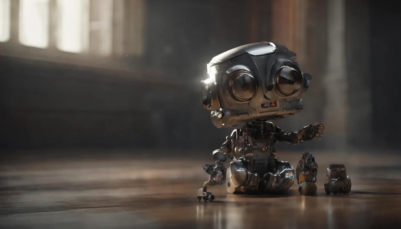 Chappie style sitter ,a babyd Robot,(masterpiece,extreme detailed,top quality) , Ruin ,very cute robot, (Movie lighting),(light and shadow effect),(unreal-engine),(Tyndall),(cinema4d),(Super futuristic fantasy style),(8k wallpaper),(tmasterpiece),(Photography Award),