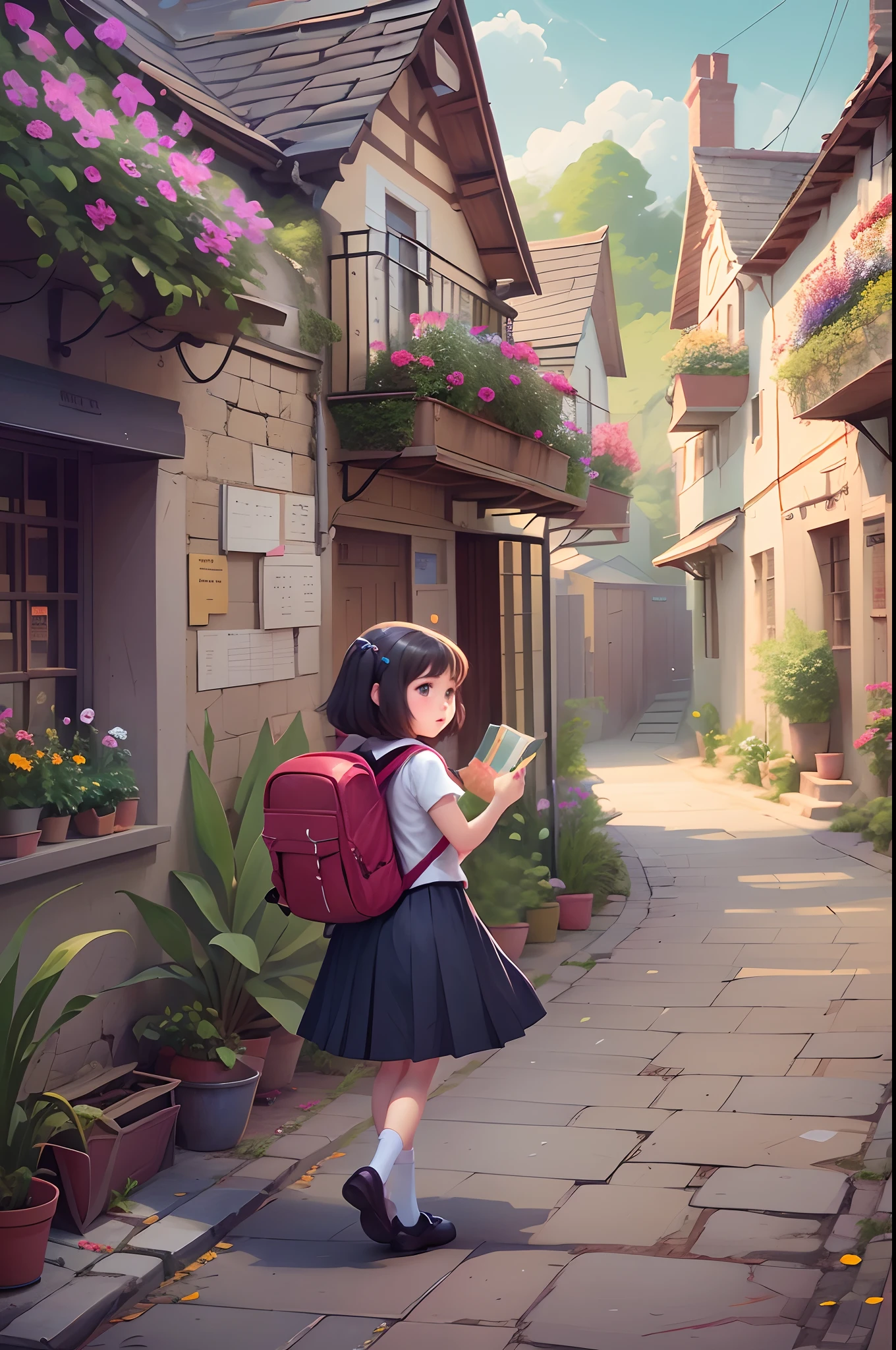 cartoon girl in a field of flowers with a backpack, childrens art in artstation, cute detailed digital art, cute art style, cute detailed artwork, adorable digital painting, girl in flowers, cute digital art, girl dancing in a flower field, full body portrait of a short!, girl in a flower field, a beautiful artwork illustration, girl jumping in a flower field