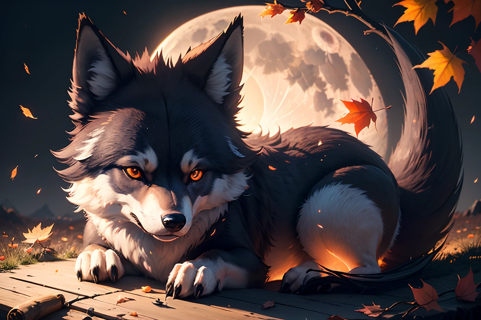 ridiculously absurdly cute wolf, autumn atmosphere, autumn wind, autumn fruits, autumn flowers, autumn plants, beautiful moon night, feeling lonely, depressed, looking down, amazing landscape background detail, all captured in sharp focus, rendered in stunning 32k resolution, beautiful detailed glow, light painting on palette knife drawing add fiber optic light painting,