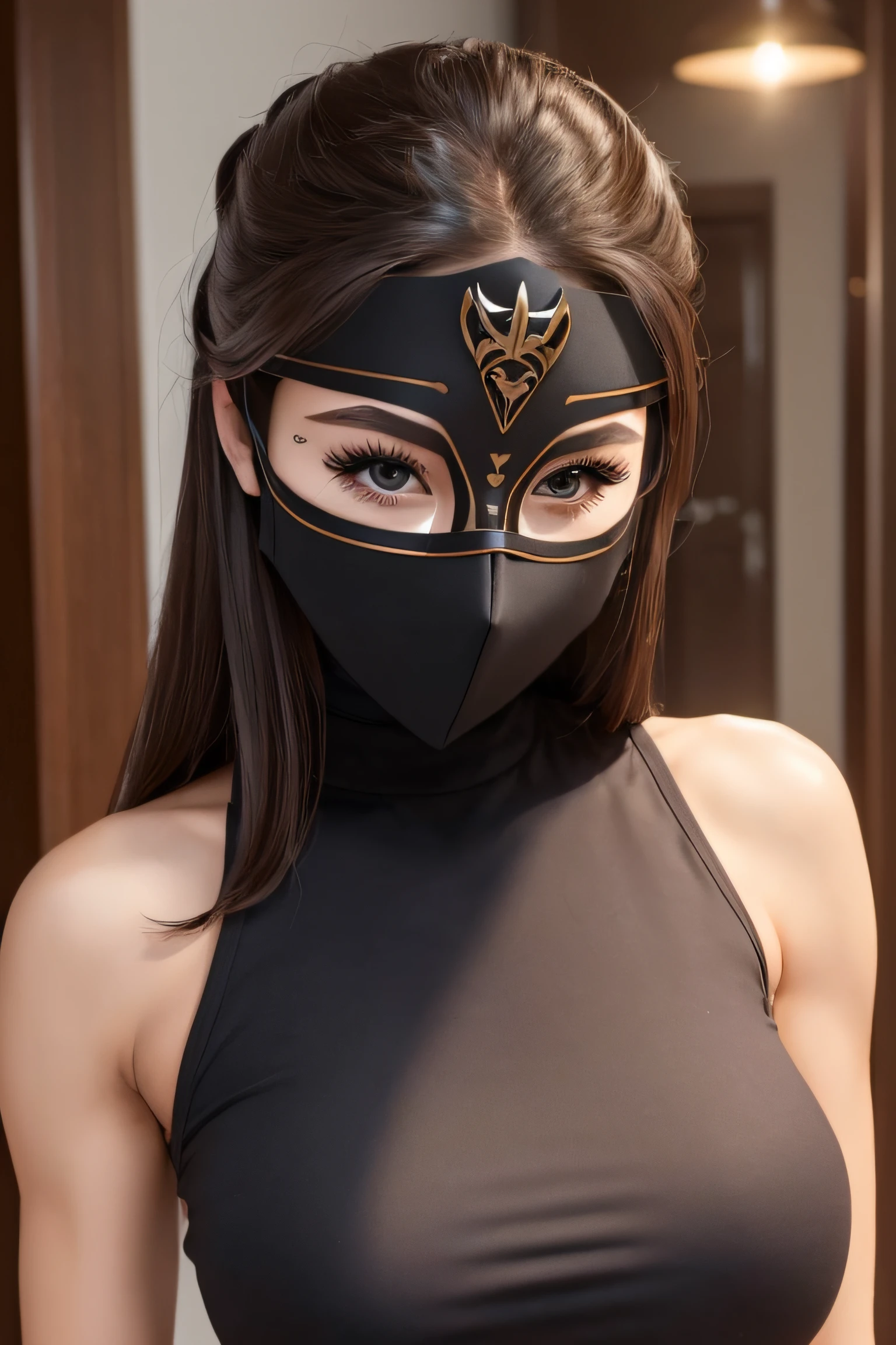 ((tight masked Girl))((Best Quality, 8K, Masterpiece: 1.3)), 1girl, Slim Abs Beauty: 1.3, (Casual hairstyle, Big Breasts: 1.2), Dress: 1.1, Super fine face, Detailed eyes, Double eyelids, smile, Home, Focus