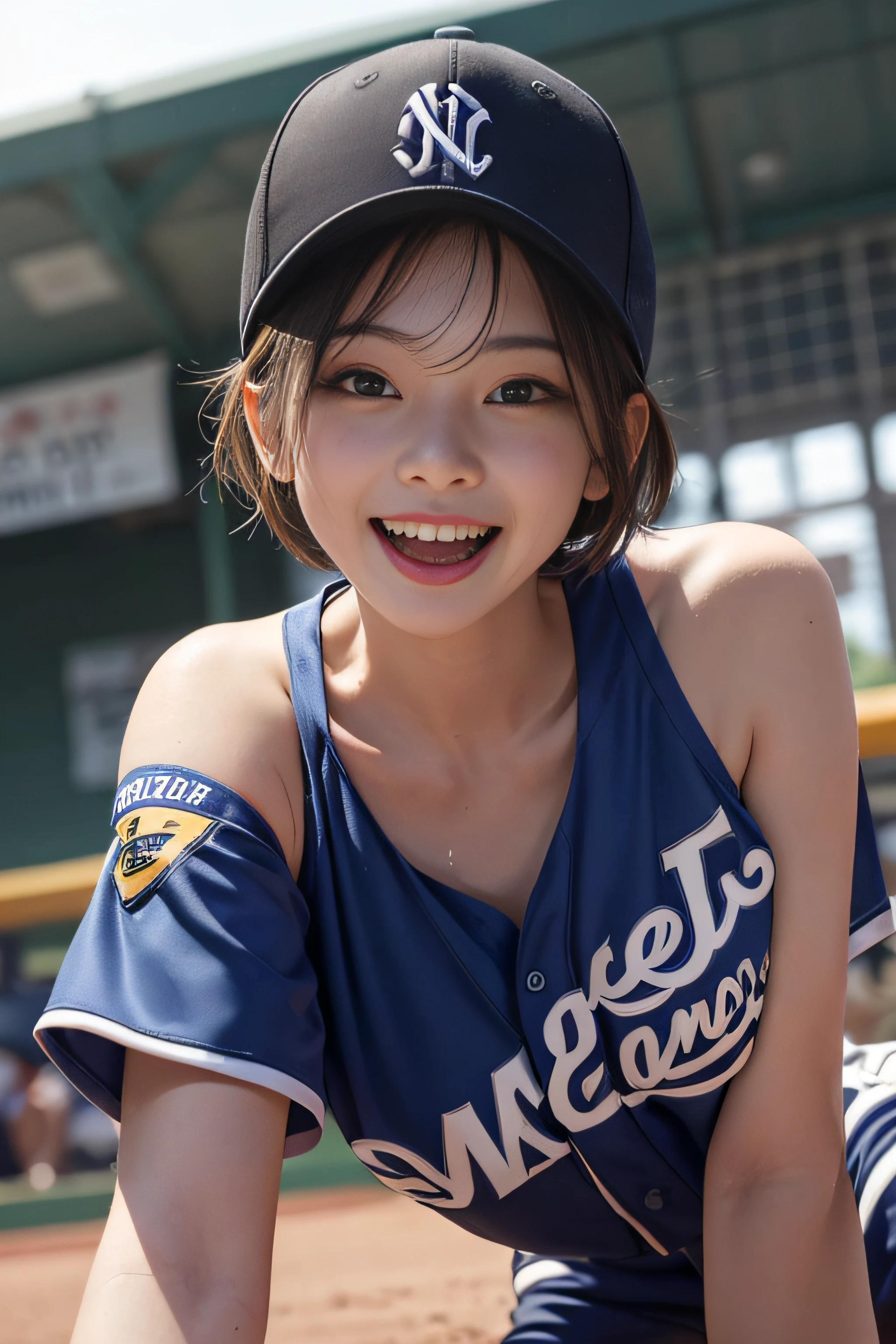 Pubic hair grows、Smile full of happiness、((()))、、、Panting face、Lacking、After being attacked、Sweating、Expression in a state of excitement、short-hair、eye glass、all-fours、Looks Back、View from diagonally behind、Baseball Costumes、(((The lower part of the body is bare)))、New York Baseball Caps