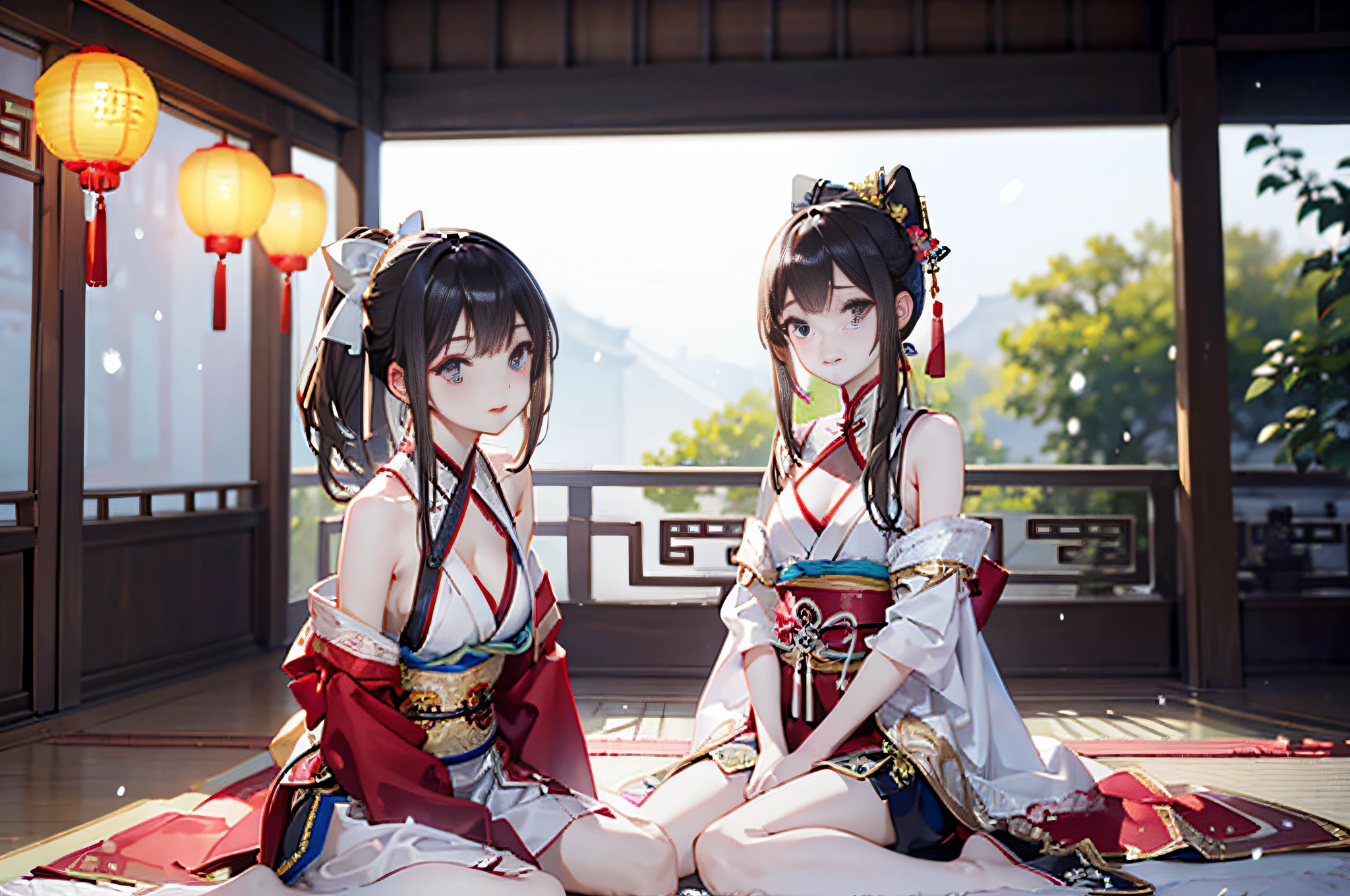 (film portrait photography, 1girll, exposed bare shoulders:1.5,shadowing:1.4,At night:1.4,janelas,Lanterns)(Realistic detailed eyes, Natural skin texture, Realistic facial details)(Soft dramatic lighting, depth of fields, Bokeh, vibrant detail, finedetail, hyper realisitc, 35mm film, Hazy and blurry, Photorealism,smallunderboob,鎖骨:1.5)(ar old,Ancient Chinese girl:1.6,Lori huge breasts cleavage,watch audience,Pick up a teacup and drink,Detailed snow)(Be red in the face:1.5,Petite figure,ssmile,Small red lips:1.4,eye shadows:1.2,Gorgeous Ming Dynasty red long-sleeved Hanfu:1.5,wearing hair bow:1.4,naked leg:1.3,Stretch cute white feet,French bangs,double-ponytail:1.4,Chinese Ancient Architecture)(Sit indoors,heavy snowy)