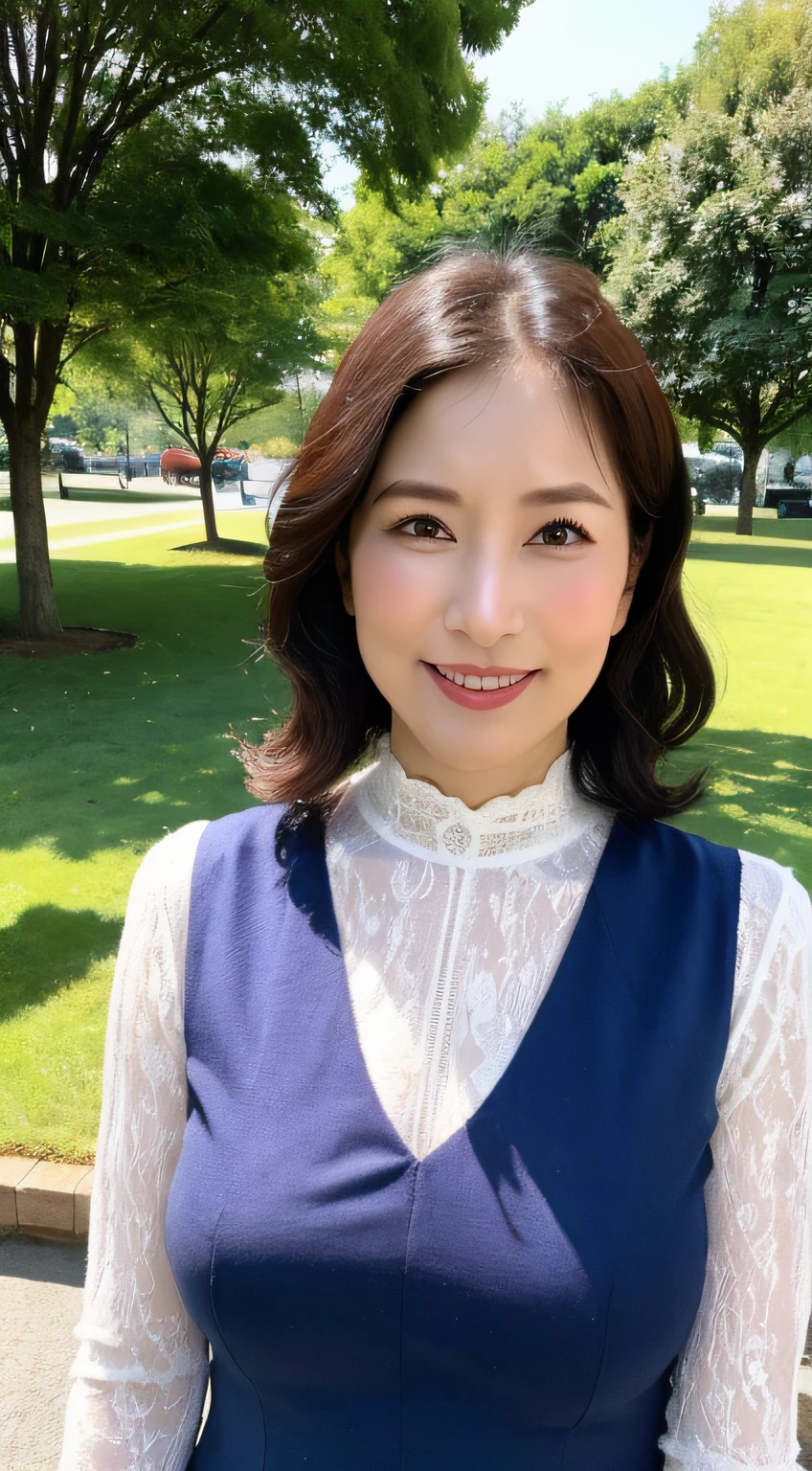 ((top-quality、8K、tmasterpiece:1.3))、foco nítido, high-level image quality, A high resolution, Portrait, Solo, Middle-aged woman, Beautuful Women, 45 yers old, plump,Wavy hairstyles,  Park background， Wrinkles at the corners of the eyes, mesmerizing looks, ssmile、Teethless，Saggy breasts、Colossal tits、nipple piercing、a necklace、Visible nipple、Half turtleneck lace top，Both hands are lowered，standing on your feet：1.2，fully body photo，orthofacial，Complete fingers，perfect bodies