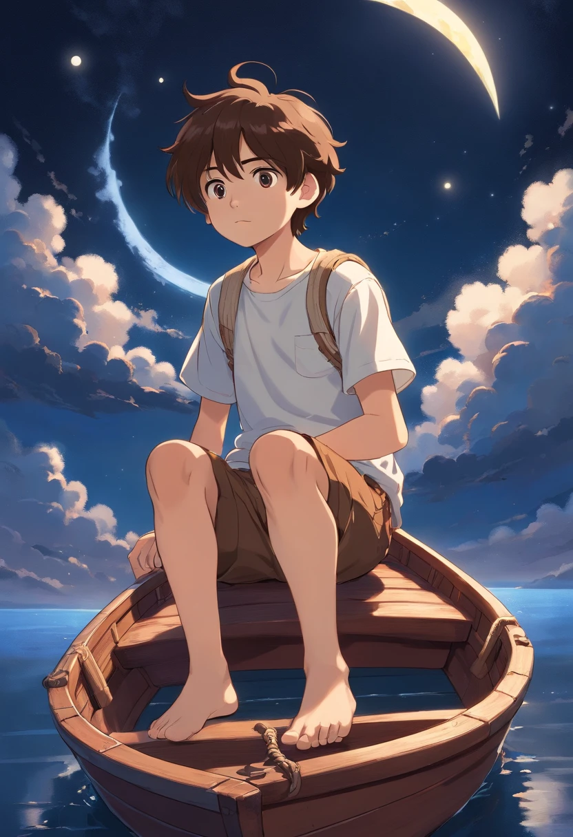Young boy, brown hair, wearing white t-shirt, wearing brown shorts, sitting in small boat in the sky, white clouds replace water, night with moon and stars in the background.