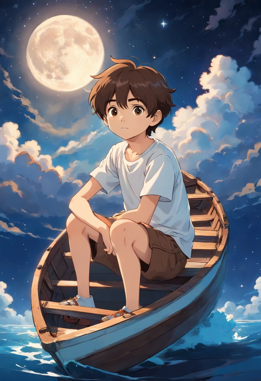 Young boy, brown hair, wearing white t-shirt, wearing brown shorts, sitting in small boat in the sky, white clouds replace water, night with moon and stars in the background.