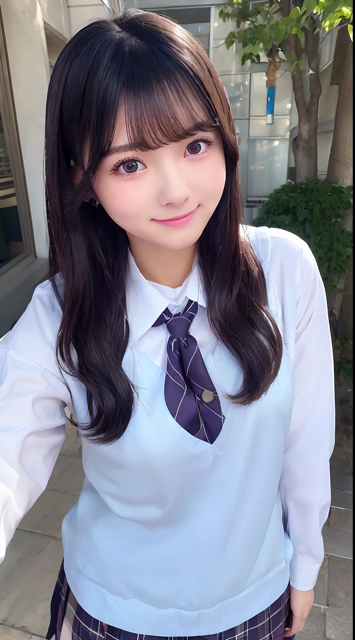 Cute schoolgirl asking questions,　Black hair, Show your teeth and smile, straight haired、