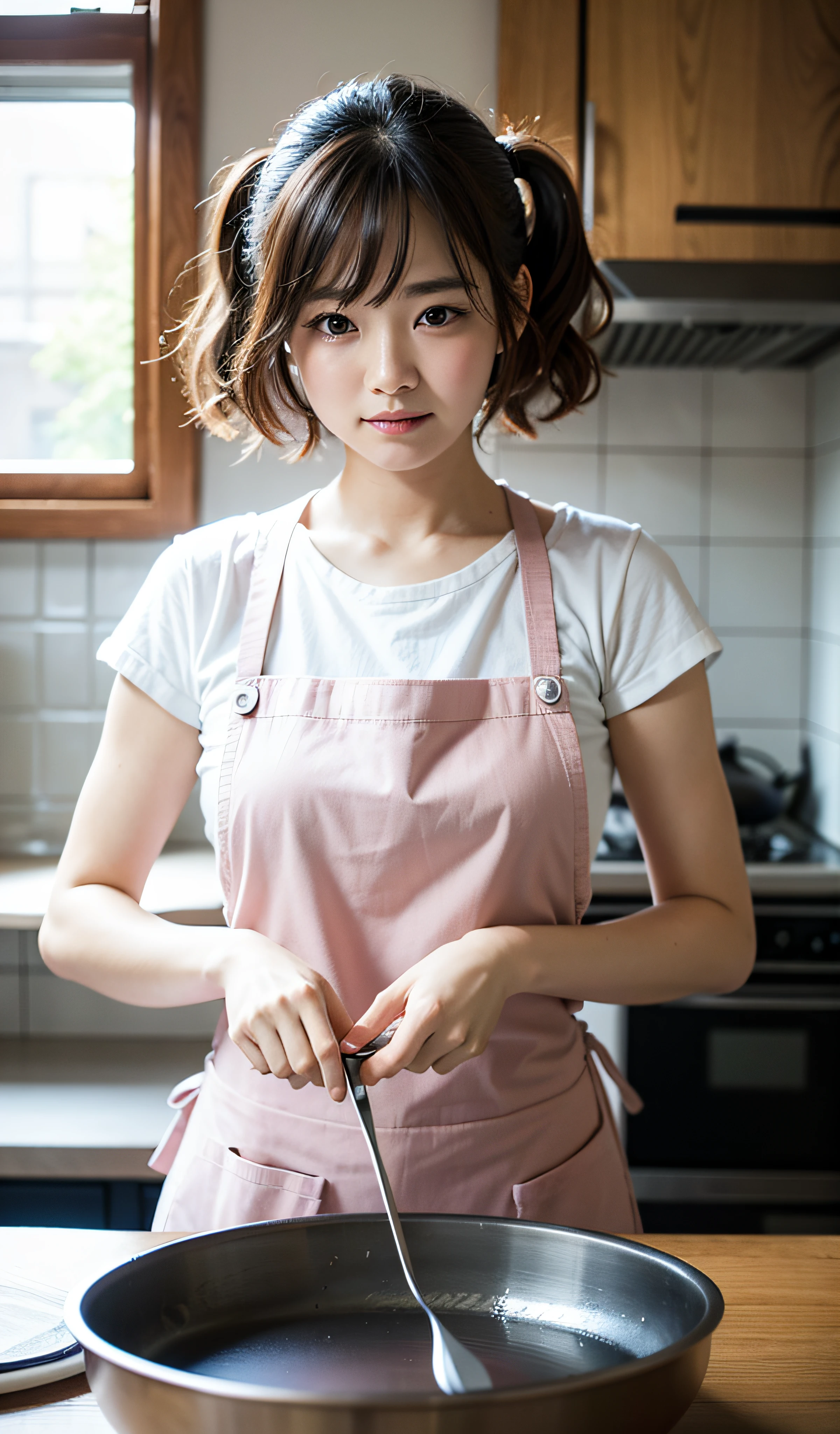 a closeup, masterpiece, top-quality, Raw foto, Photorealsitic、Take photos from the material being cooked、unbelievable Ridiculous,A faint smile、 beautiful a girl, White T-shirt、pink apron、In the middle of the meal、tasting、Half-up hairstyle、Medium size breasts、Hair fluttering in the wind、Open kitchen、depth of fields, hight resolution, ultra-detailliert, finely detail, ighly detailed, extremely detailed eye and face, Sharp pupils, foco nítido, Cinematic lighting