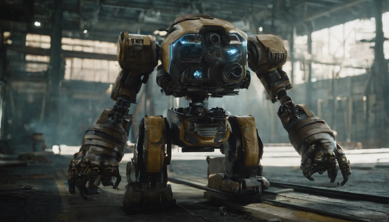 Chappie style babysitter ,a baby, Kid Robot,(masterpiece,extreme detailed,top quality) , Ruin ,very cute robot, (Movie lighting),(light and shadow effect),(unreal-engine),(Tyndall),(cinema4d),(Super futuristic fantasy style),(8k wallpaper),(tmasterpiece),(Photography Award),