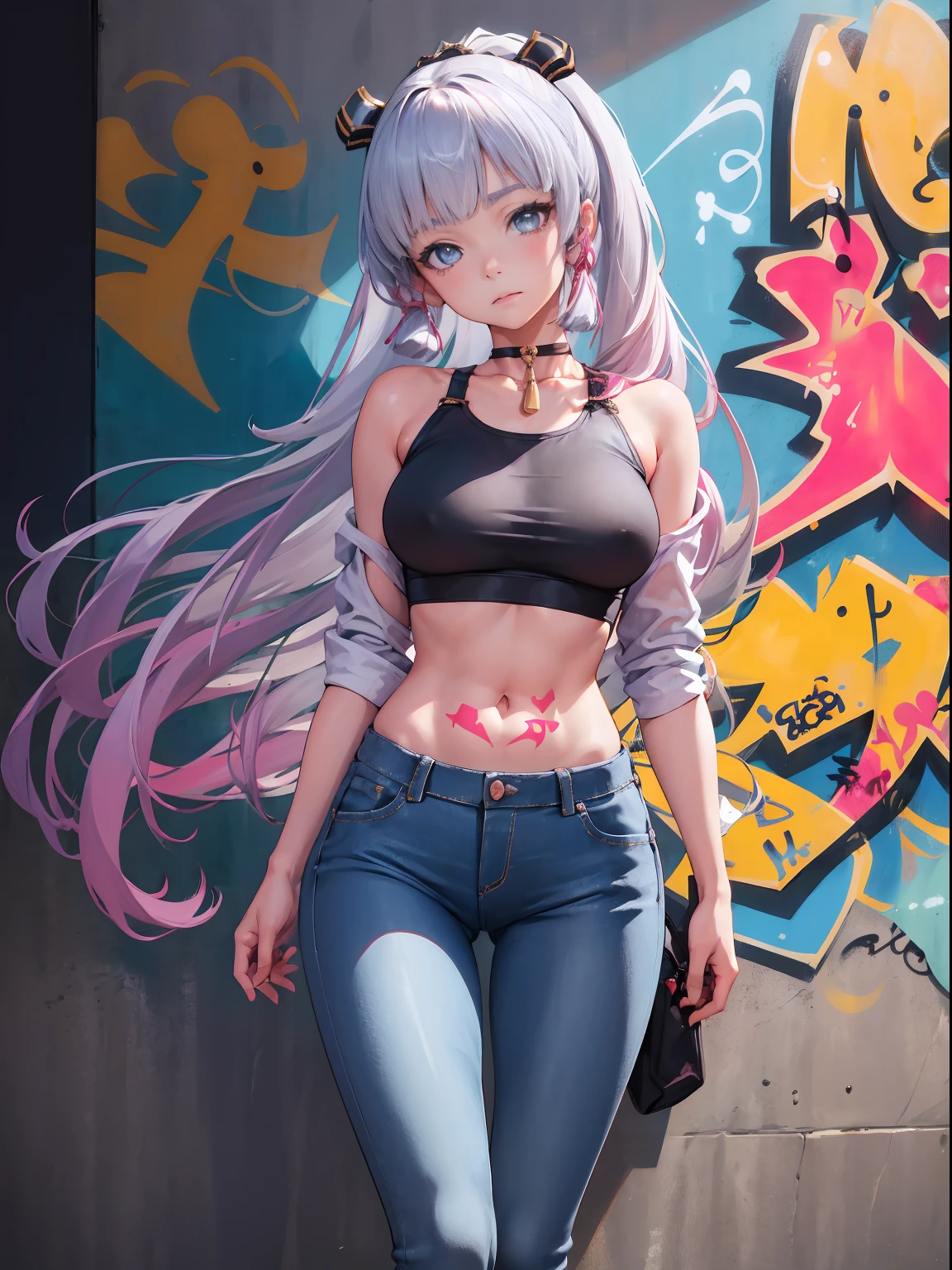 kamisato ayaka|genshin impact, master-piece, bestquality, 1girls,25 years old, proportional body, elongated legs, Beautiful, proportional., crop top, Long Jeans, mediuml breasts, ,bara, crop top, choker, (Graffiti:1.5), arm behind back, View viewers from the front., Thigh strap, Head tilt, bored,(NSTDA.:1.2), (10, beste-Qualit, master-piece: 1.4), Beautiful red hair, ultra-high resolution, (lifelike, photorealistic portrait: 1.48), 20 age, Cute Girl, (Looking Through Crop Tops.), Famous Japanese actors, beautiful clear eyes, Head tilt, cowboy shot, from the front, looking at the audience, expressionless, Beautiful lake, Zeiss 150mm F/ 2.8 Hasselblad, Whole body, foot, Ultra-Wide Angle,