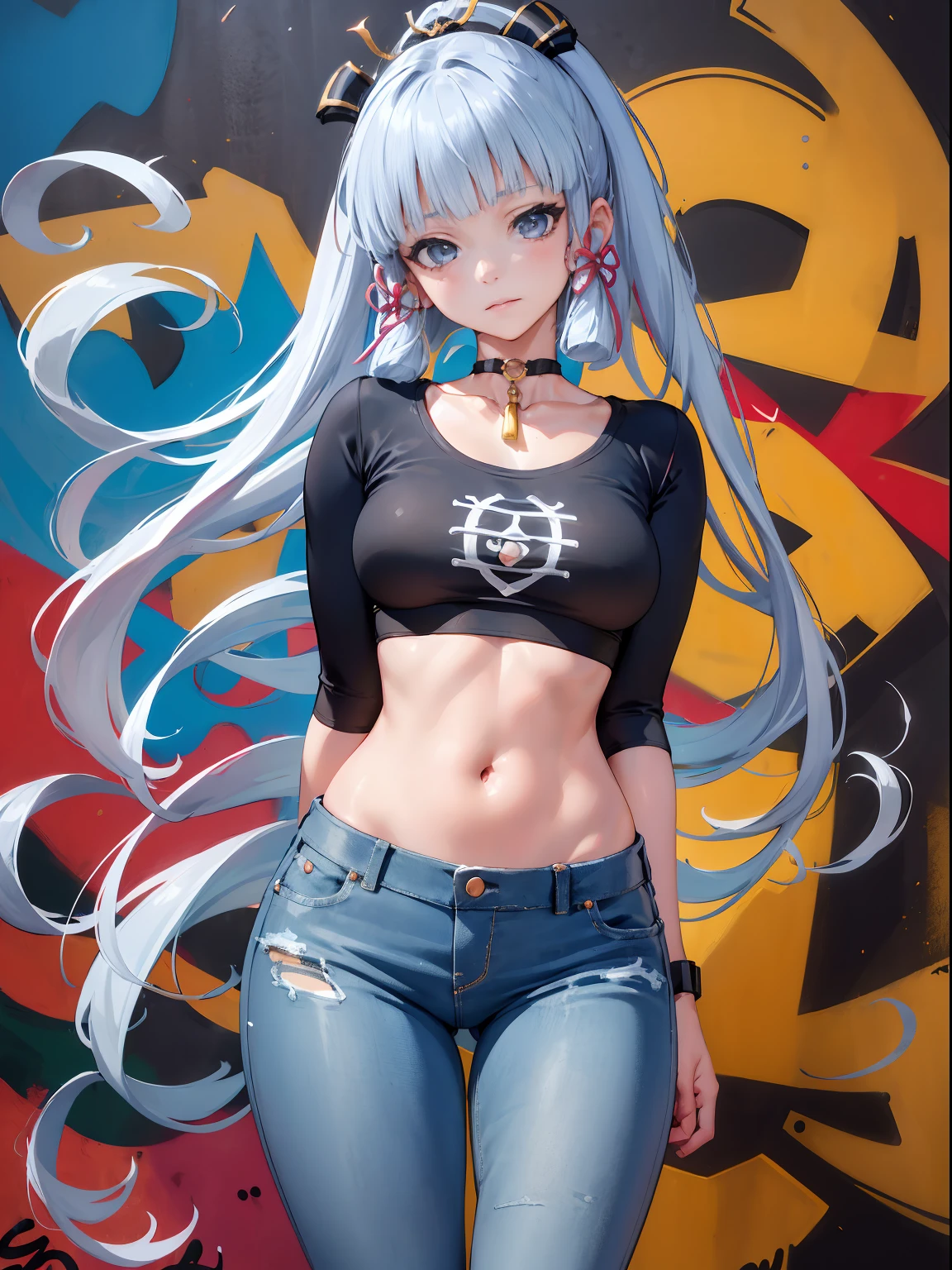 kamisato ayaka|genshin impact, master-piece, bestquality, 1girls,25 years old, proportional body, elongated legs, Beautiful, proportional., crop top, Long Jeans, mediuml breasts, ,bara, crop top, choker, (Graffiti:1.5), arm behind back, View viewers from the front., Thigh strap, Head tilt, bored,(NSTDA.:1.2), (10, beste-Qualit, master-piece: 1.4), Beautiful red hair, ultra-high resolution, (lifelike, photorealistic portrait: 1.48), 20 age, Cute Girl, (Looking Through Crop Tops.), Famous Japanese actors, beautiful clear eyes, Head tilt, cowboy shot, from the front, looking at the audience, expressionless, Beautiful lake, Zeiss 150mm F/ 2.8 Hasselblad, Whole body, foot, Ultra-Wide Angle,