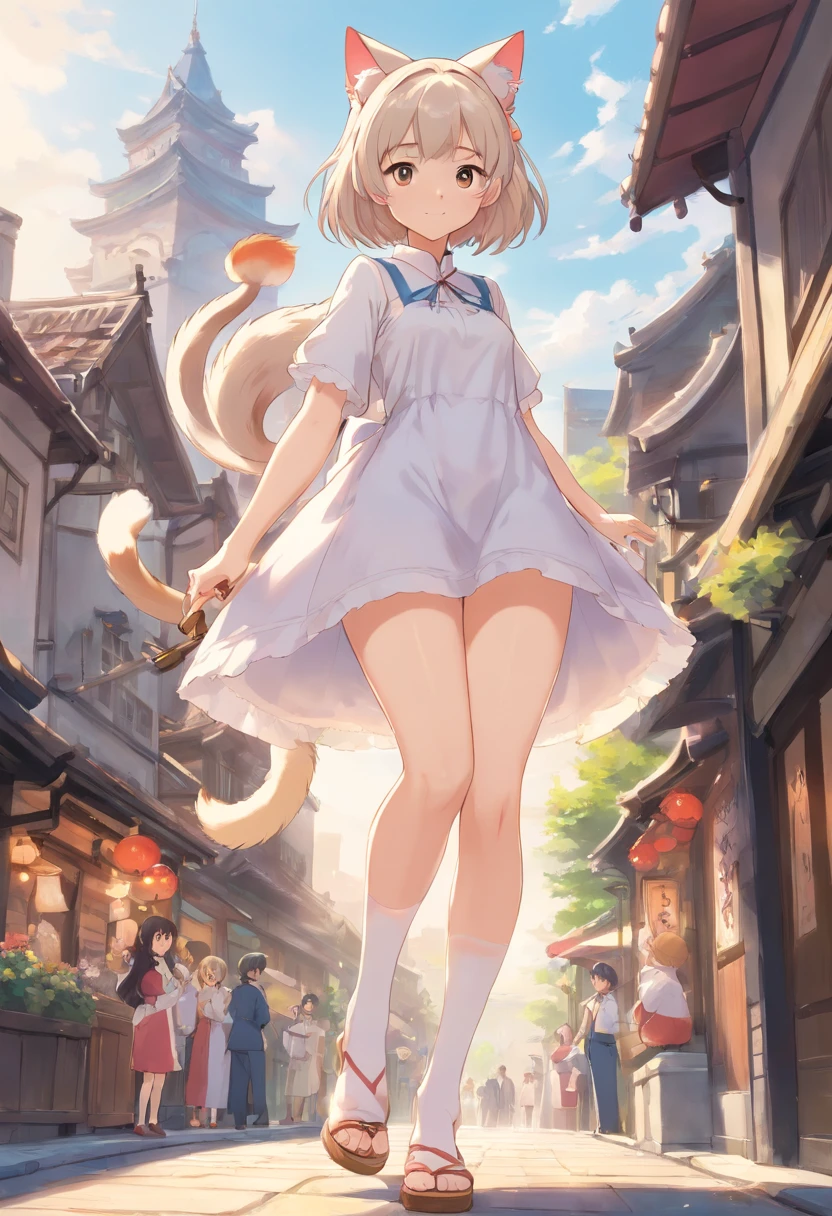 No shoes，Stand barefoot，Masterpiece，Extremely tall maiden，A giantess，Huge maiden，In the city，Full limbs，The face is delicate，White double ponytail，White eyes，White Lolita，Long-range shots，white stockings，There are cat ears on the head, white dresses， cute big breasts，Chopstick legs，Slender calves，Slender calves，High volume