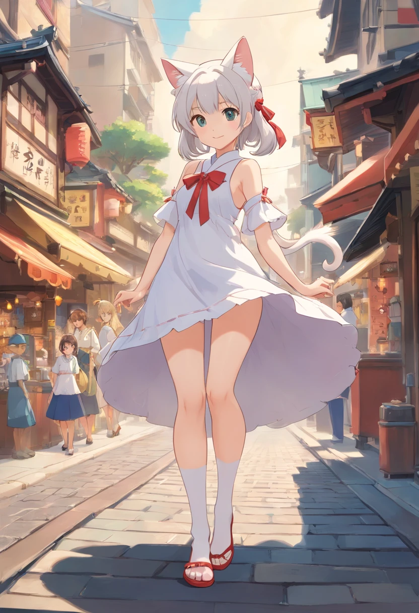 white stockings,Slender calves,Slender calves,White double ponytail,White eyes,White Lolita,Extremely tall maiden,A giantess,Huge maiden,In the city,Full limbs,The face is delicate,Long-range shots,There are cat ears on the head, cute big breasts,Chopstick legs,High volume,Masterpiece