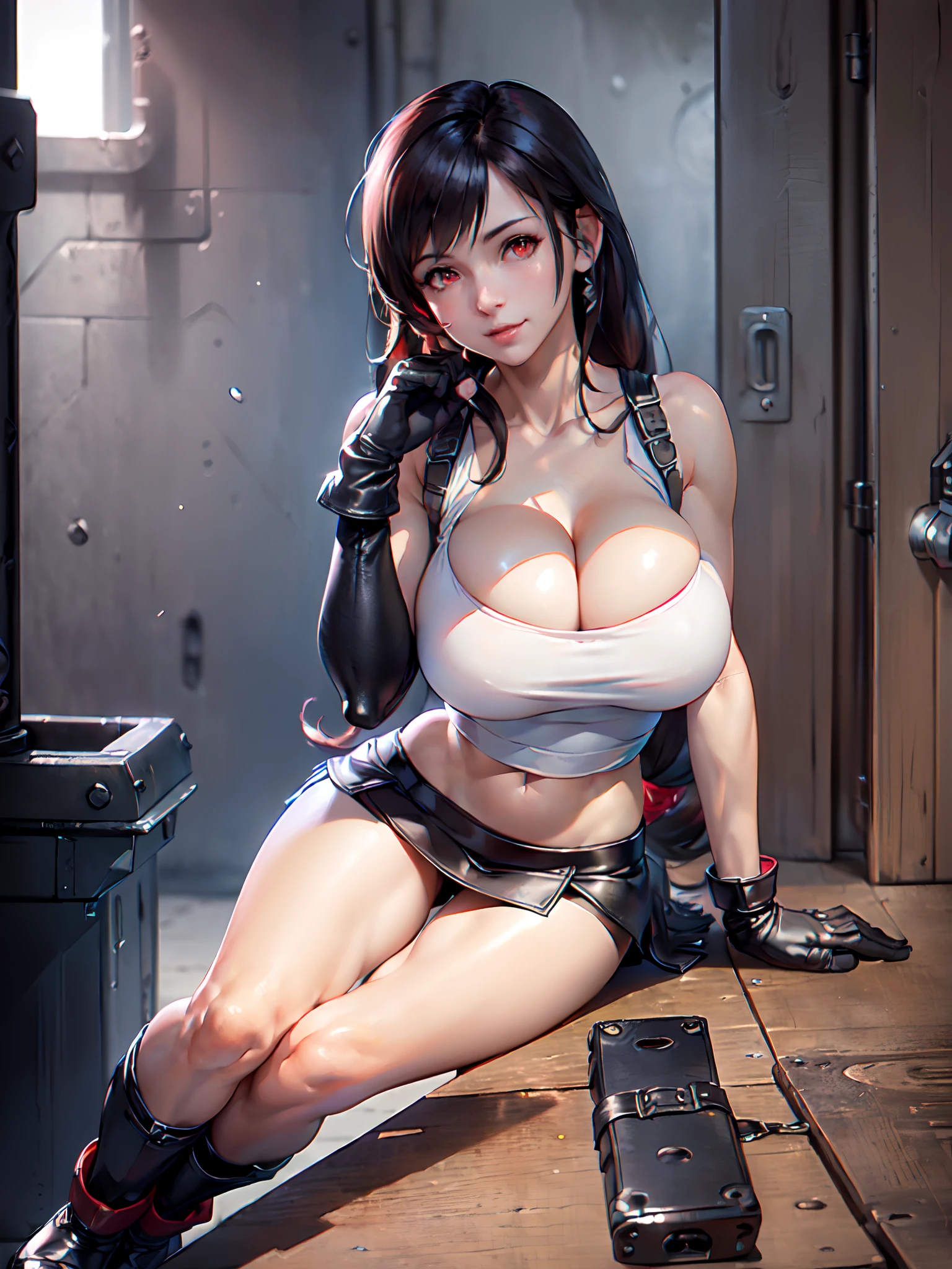 (8k, best quality, masterpiece:1.2), (realistic, photo-realistic:1.37), ultra-detailed, 1 girl,cute, solo, (tifa lockhart), ((huge breasts:1.6),(beautiful detailed eyes), (smile:1.4), winking (closed mouth), erotic pose, outside an industrial factory, depth of field, dark intense shadows, sharp focus, depth of field, good composition, Final Fantasy VII, (white tank top:1.3), (black leather mini skirt:1.3) (red gloves and boots) (full body:1.5), head rest, lips, pretty face, ((red eyes:1.3)), (night:1.2), intricate, bokeh, (Tetsuya Nomura style), nsfw, perfect breasts, view from  below