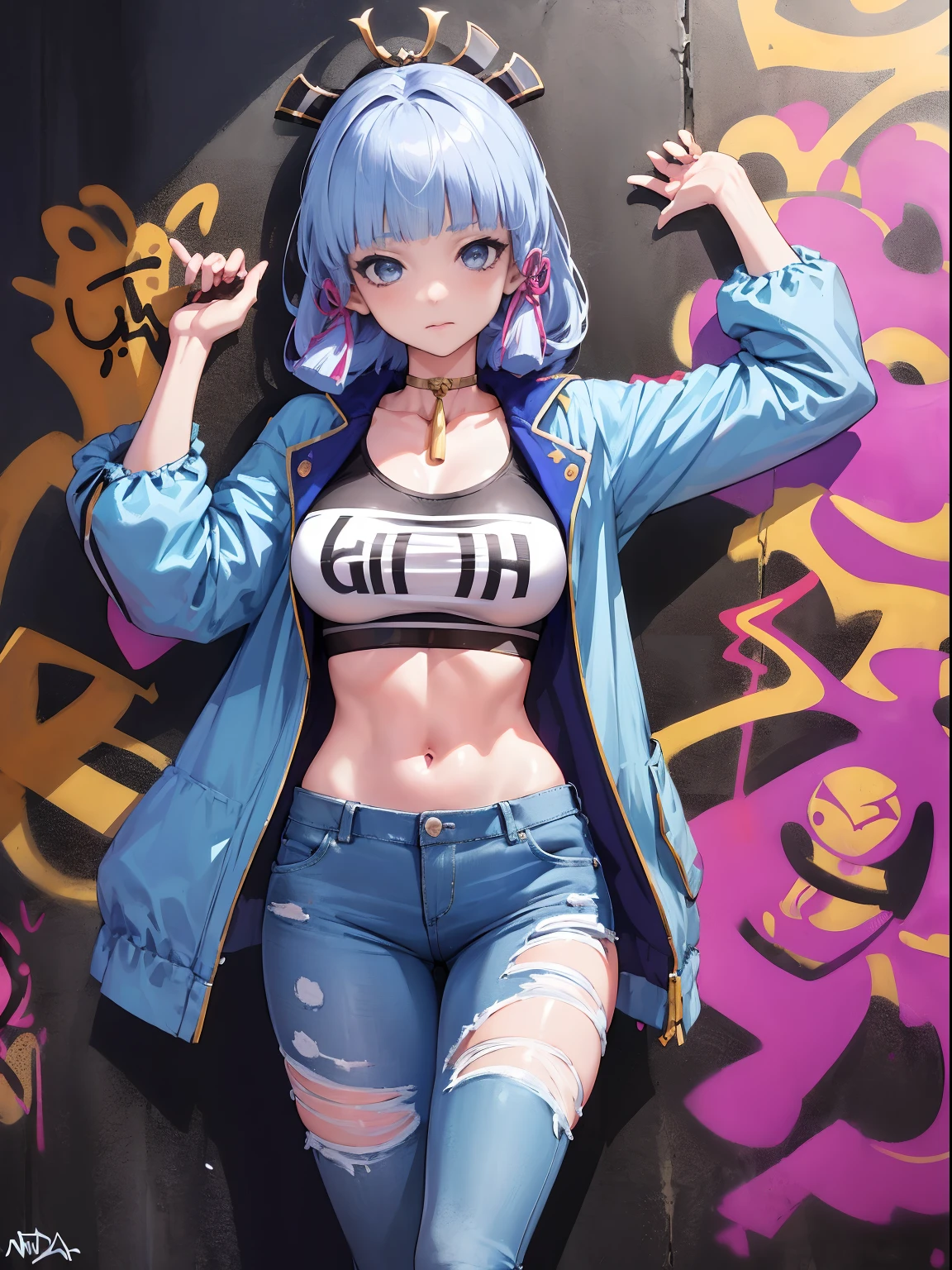 kamisato ayaka|genshin impact, master-piece, bestquality, 1girls,25 years old, proportional body, elongated legs, Beautiful, proportional., crop top, Long Jeans, mediuml breasts, ,bara, crop top, choker, (Graffiti:1.5), Splash with purple lightning pattern., arm behind back, against wall, View viewers from the front., Thigh strap, Head tilt, bored,(NSTDA.:1.2), (10, beste-Qualit, master-piece: 1.4), Beautiful red hair, ultra-high resolution, (lifelike, photorealistic portrait: 1.48), 20 age, Cute Girl, (Looking Through Crop Tops.), Famous Japanese actors, beautiful clear eyes, Head tilt, cowboy shot, from the front, looking at the audience, expressionless, Beautiful lake, Zeiss 150mm F/ 2.8 Hasselblad,  Whole body, foot, Ultra-Wide Angle,