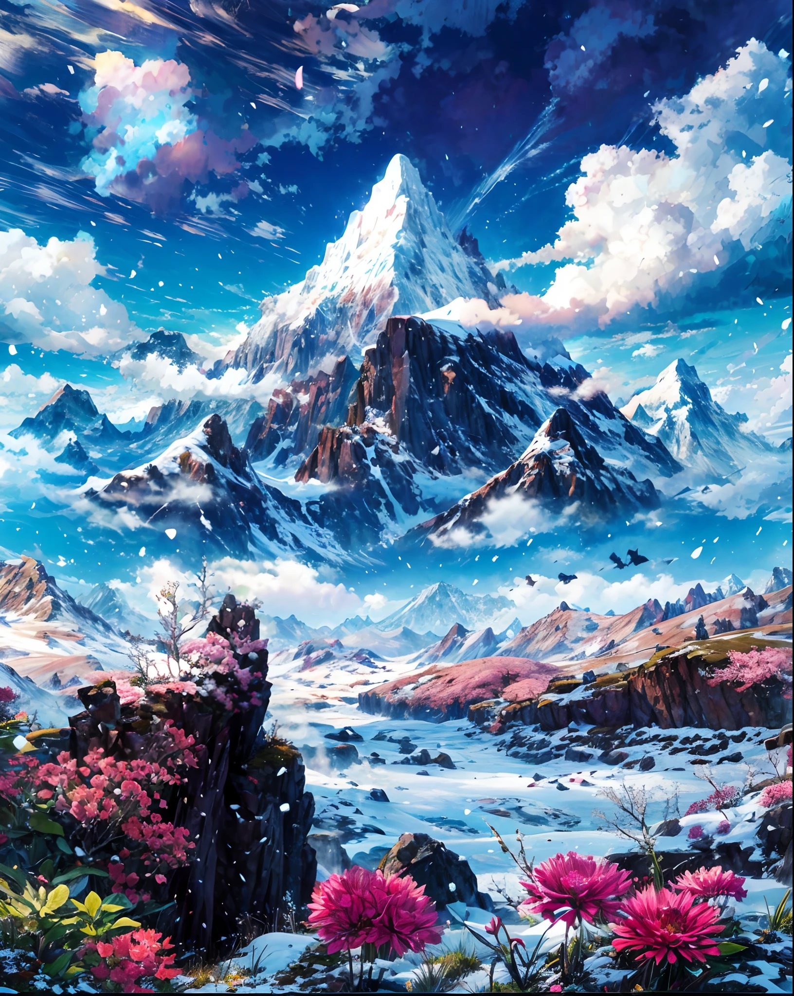Mountains, flowers and blue sky in the foreground, Majestic mountain々, Epic Mountains, 4K highly detailed digital art, Anime landscapes, Beautiful mountains, Beautiful mountains behind々, snow mountains, anime nature, 8k high quality detailed art, Detailed scenery, snow mountains, epic beautiful landscape, anime landscape wallpapers, In the snowy mountains and ice, scenery art detailed