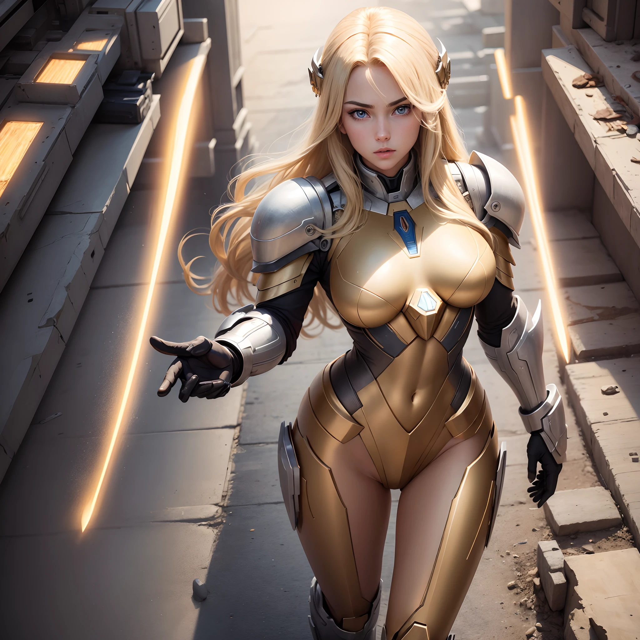 (masterpiece), best quality, full body, expressive eyes, perfect face, blonde hair,holy power, armor, technology