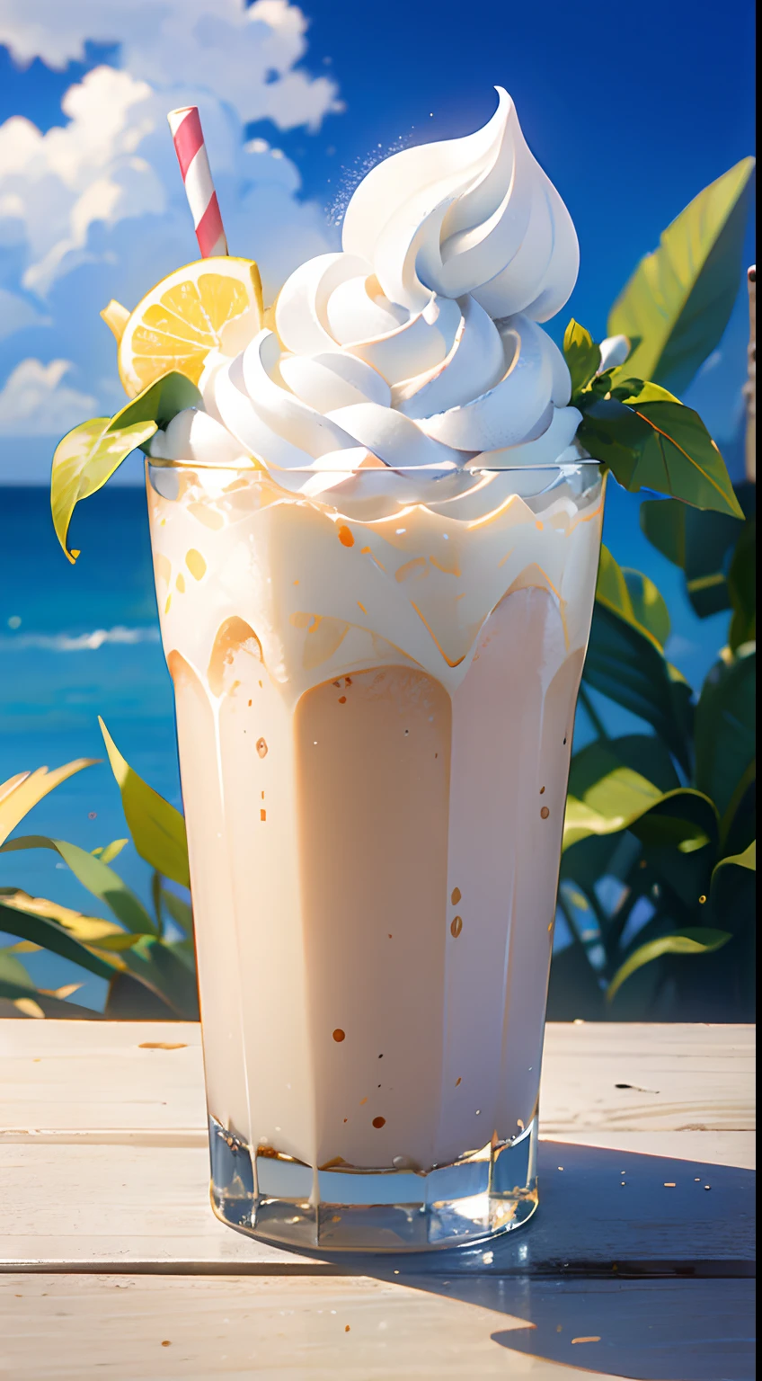 A cup of milk shake with whipped cream on top, all Milky white, Very cool. jasmine, placed on green leaves, outdoors, a clear blue sky, beautiful clouds