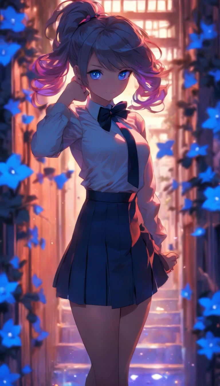 Best quality, Masterpiece,, illustration, the wallpaper,1girll, Solo, school uniform, Cut white shirts, Black skirt, light colors hair, semi long hair, Beautiful detailed girl, Extremely detailed eyes and face, Beautiful detailed eyes, Shy, Natural_lighting, Glow,NSFW, Clean sky, view the viewer, Outdoors, Night sky, Star (sky), Loafer shoes, Black pantyhose, blue bowtie, Straight hair, Purple petals, Purple and blue flowers, Red pupil, pony tails, Blue ribbon,White hair, Thick_Thighs, Large breasts, Red eyes,