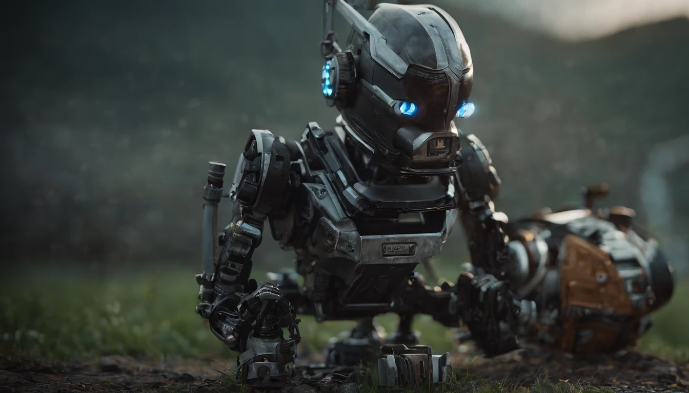Chappie style babysitter ,a baby, ??? Robot,(masterpiece,extreme detailed,top quality) , Ruin ,very cute robot, (Movie lighting),(light and shadow effect),(unreal-engine),(Tyndall),(cinema4d),(Super futuristic fantasy style),(8k wallpaper),(tmasterpiece),(Photography Award),