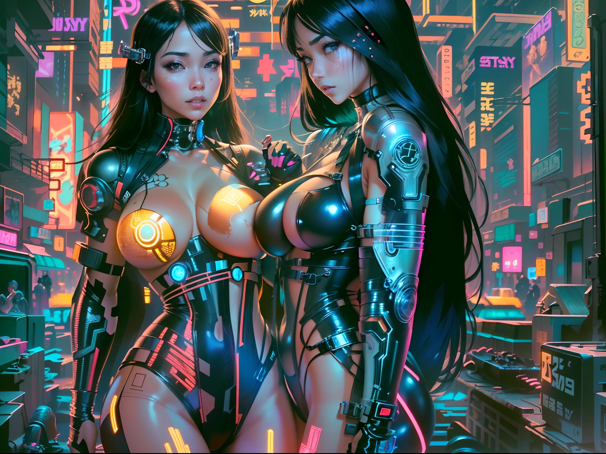 (Beautiful Asian identical twin cyberpunk girls (holding each other)), (((ultra detailed neon cyberpunk futuristic city ))),black long shapeless hair, detailed and intricate (((cyberpunk city streets background))), featuring high-tech holographic projections and sleek architecture, art by (((Syd Mead, Masamune Shirow))), (highly detailed photo realistic), (god rays), ultra sharp focus, ultra high quality, vibrant, (big breasts:1.7), shiny latex is black, latex stockings, long shapeless hair, (shiny skin:1.4), shiny lips, (symmetrical detailed face:1.7), toned, sexy, masterpiece, (cinematic lighting).